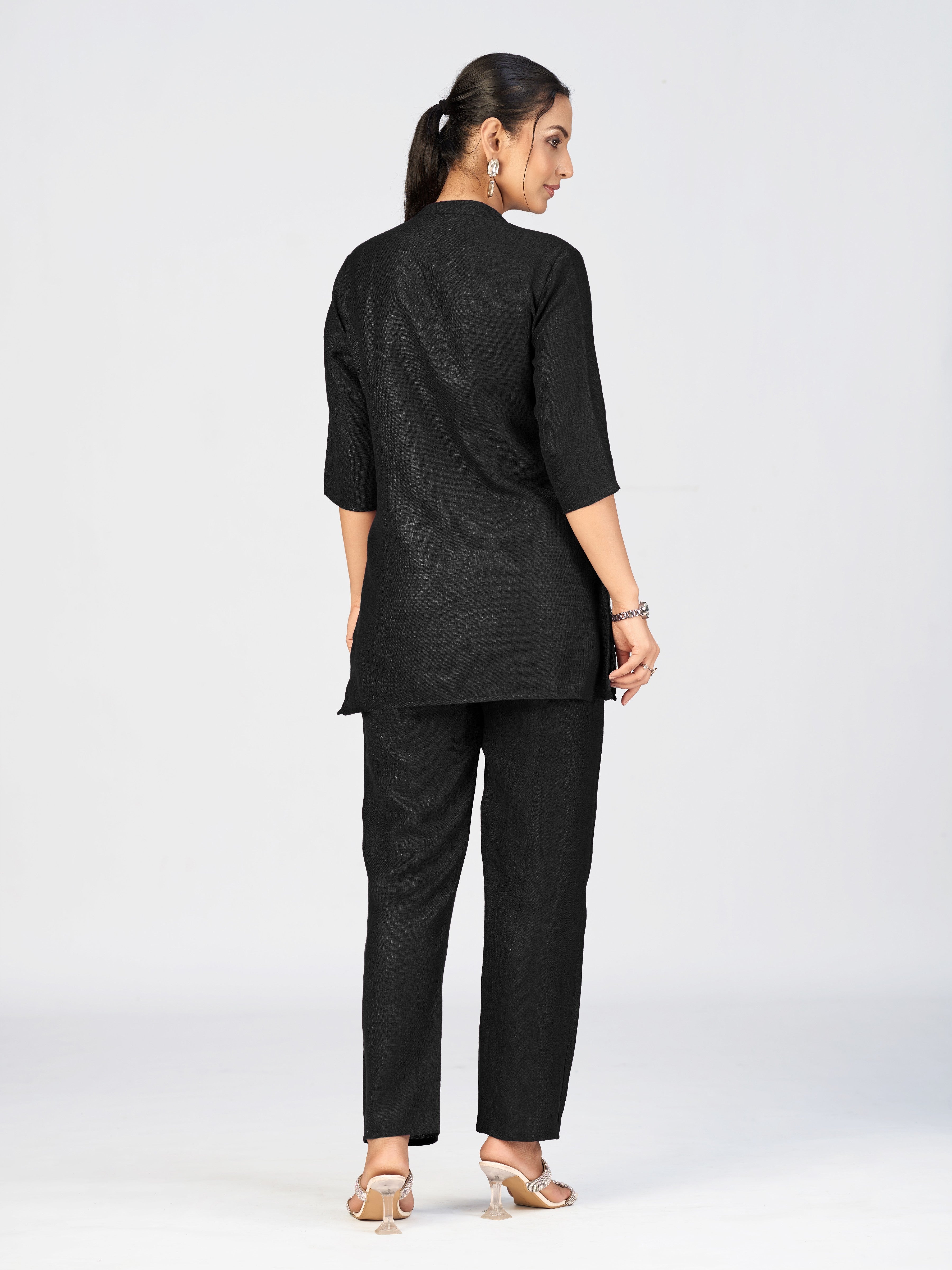 Black Linen Poly Puzzle Embroidered Kurti Pant Set for Women