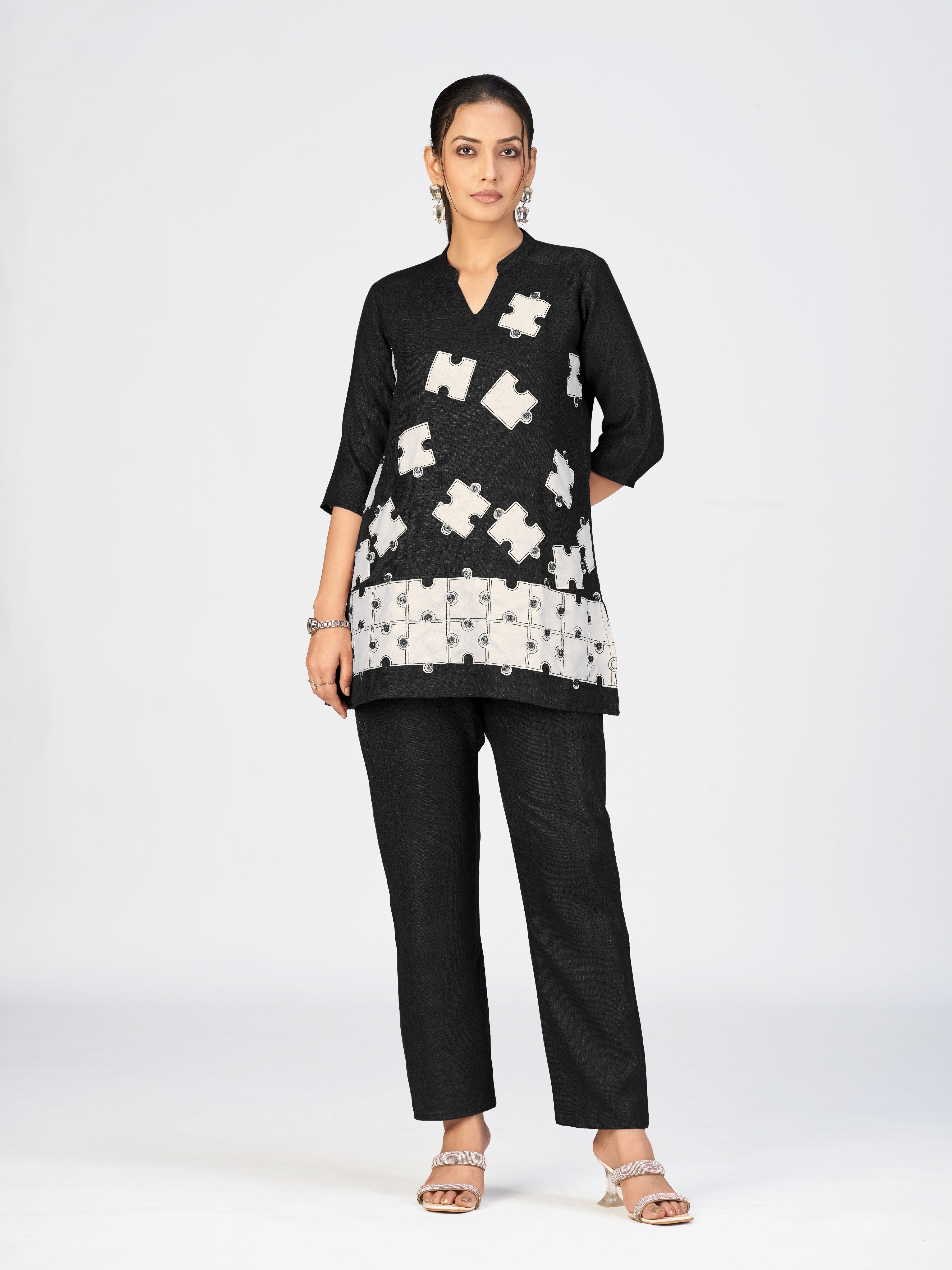 Black Linen Poly Puzzle Embroidered Kurti Pant Set for Women