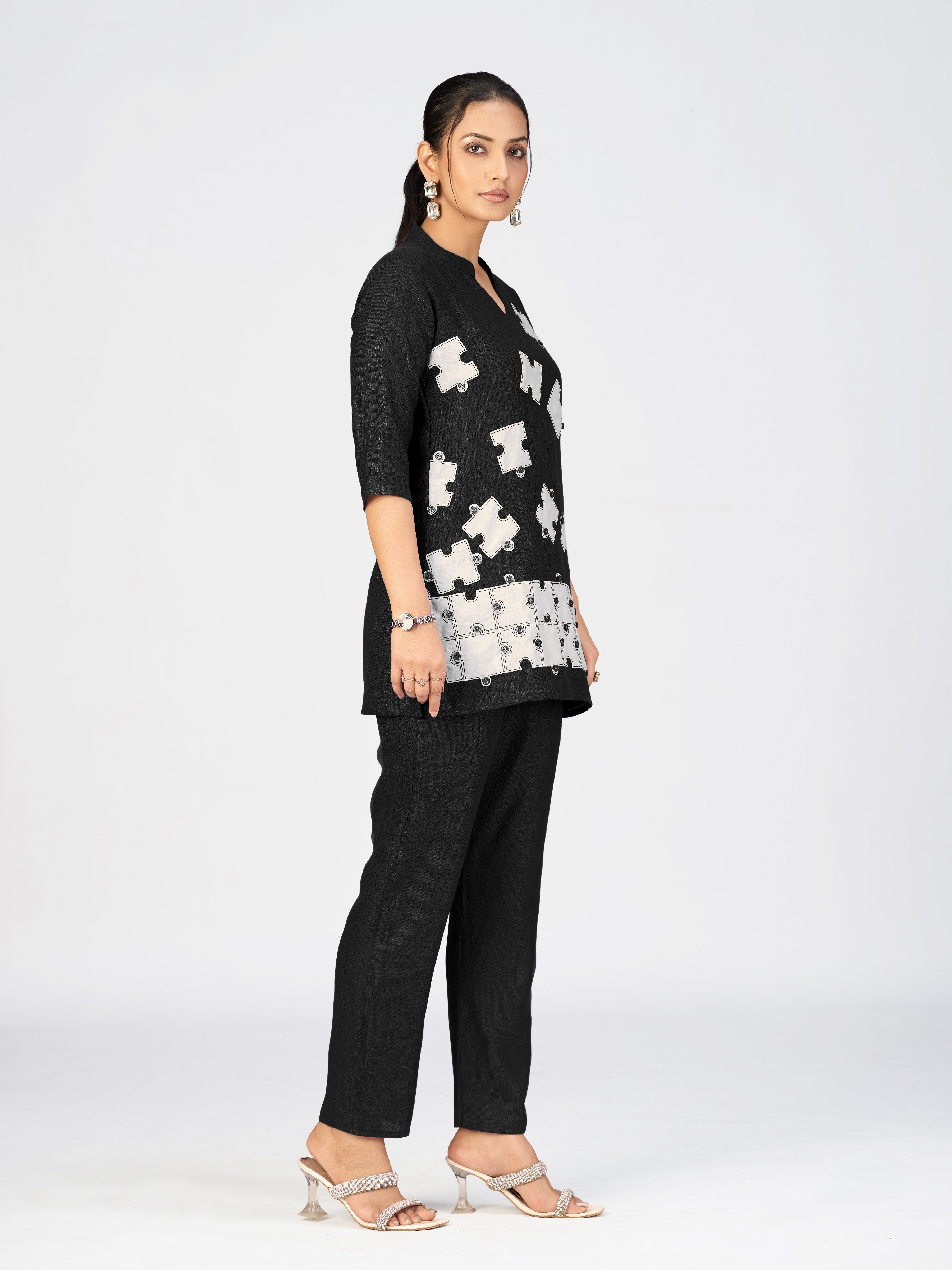 Black Linen Poly Puzzle Embroidered Kurti Pant Set for Women
