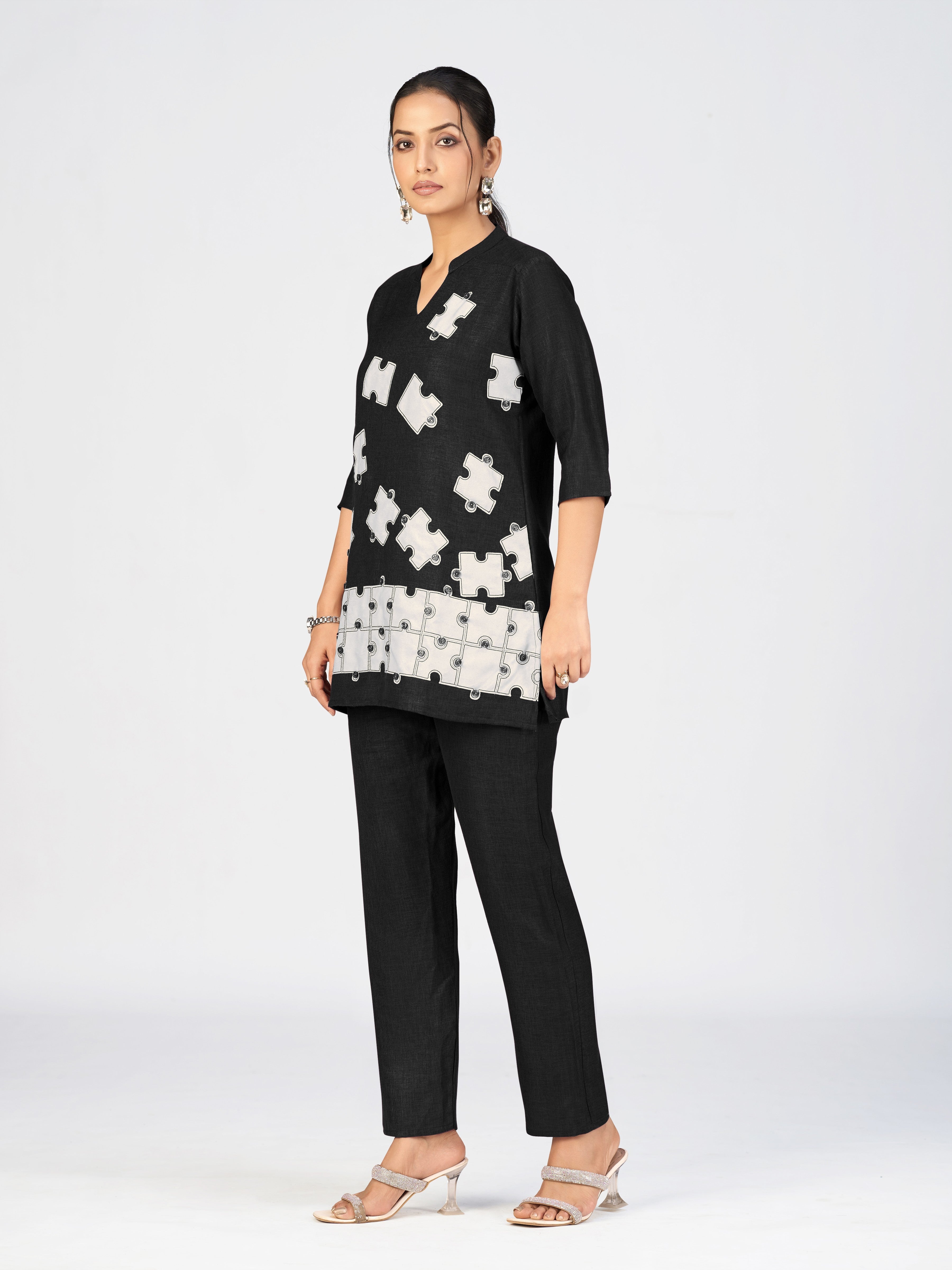 Black Linen Poly Puzzle Embroidered Kurti Pant Set for Women