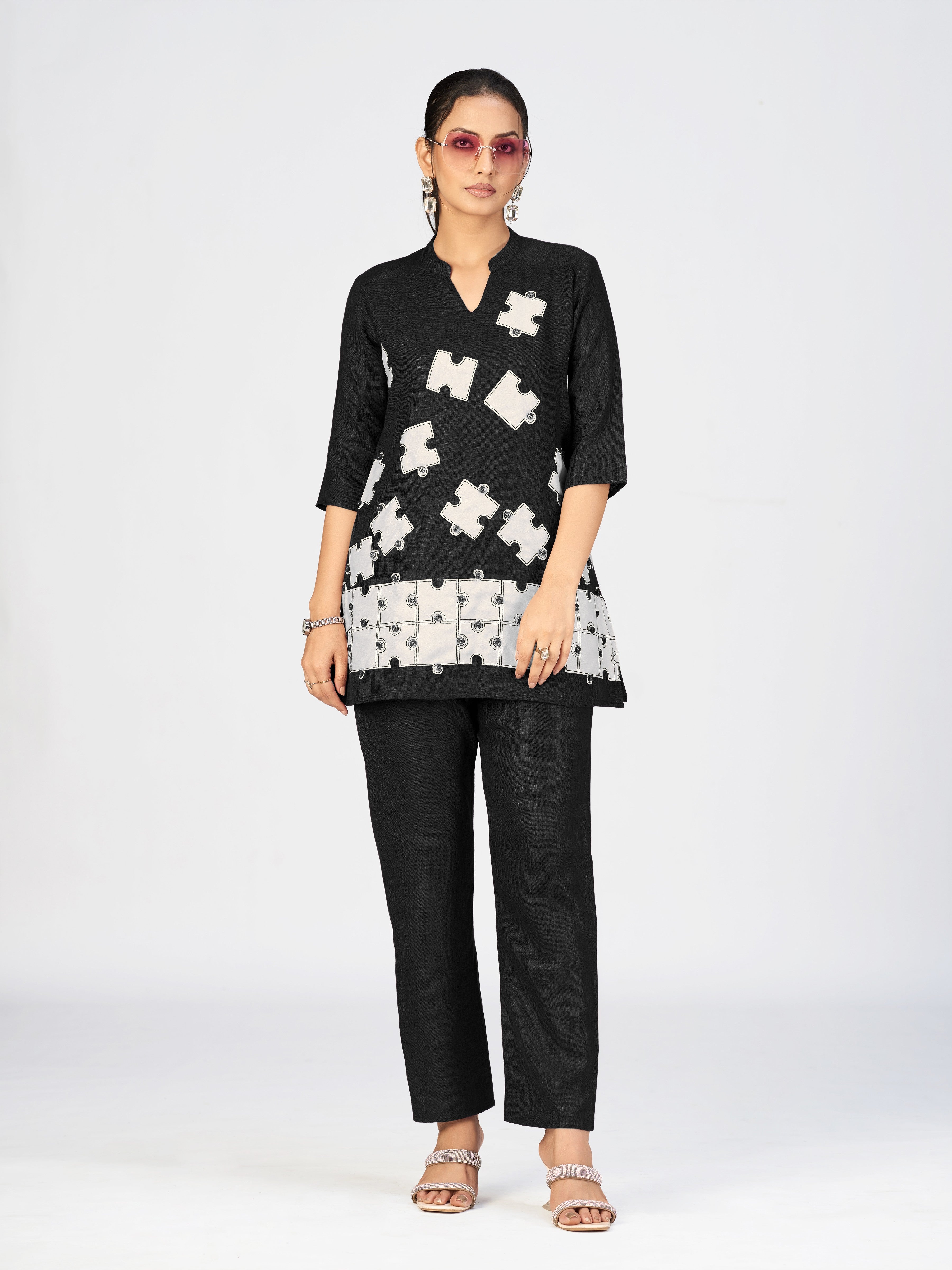 Black Linen Poly Puzzle Embroidered Kurti Pant Set for Women