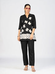 Black Linen Poly Puzzle Embroidered Kurti Pant Set for Women
