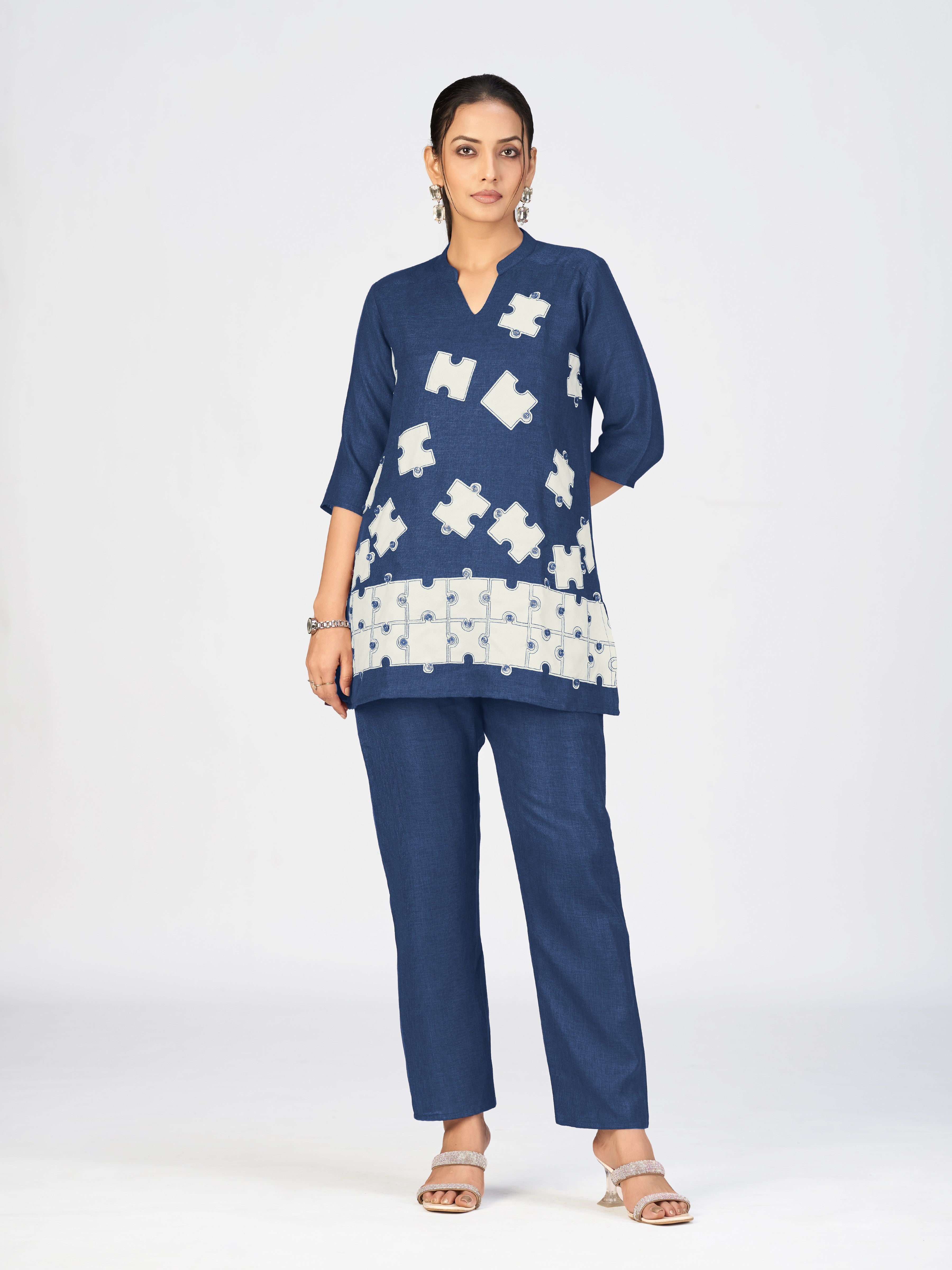 Black Linen Poly Puzzle Embroidered Kurti Pant Set for Women