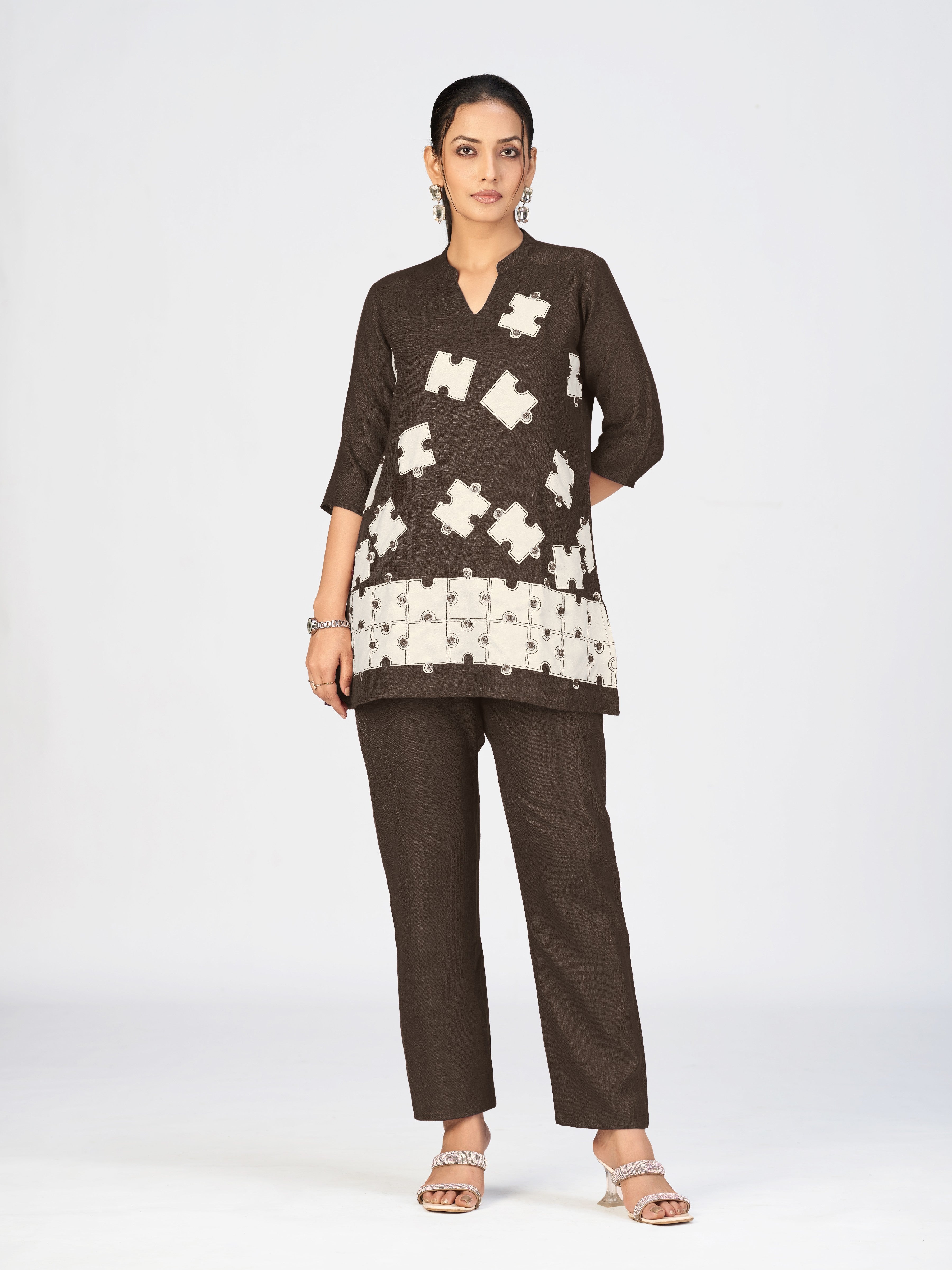 Black Linen Poly Puzzle Embroidered Kurti Pant Set for Women