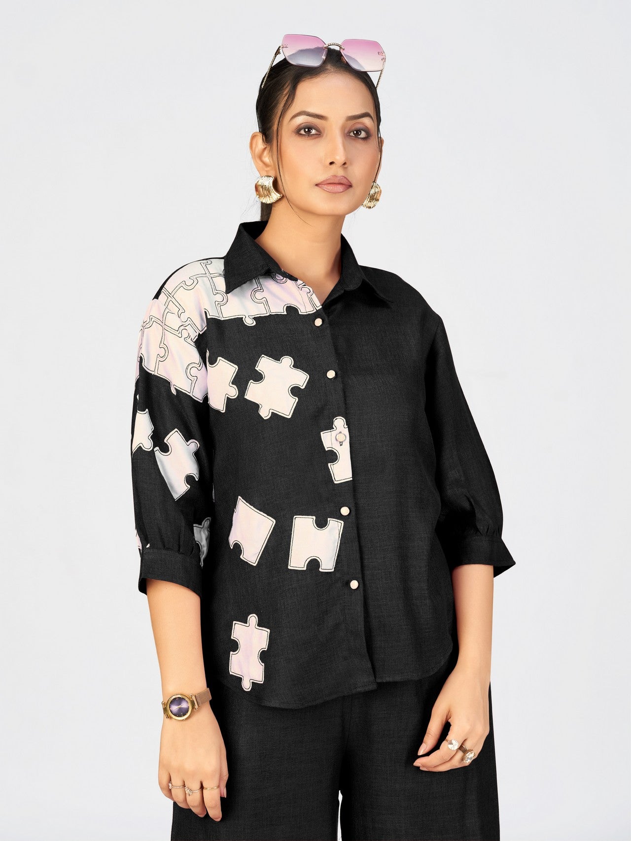 Maroon Linen Poly Co-Ord Set with Puzzle Embroidery Design for Women