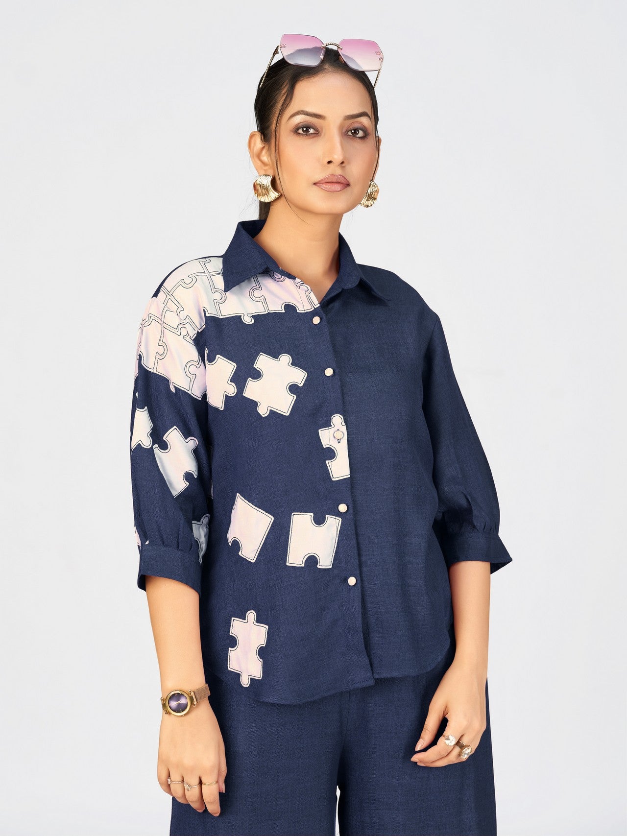 Maroon Linen Poly Co-Ord Set with Puzzle Embroidery Design for Women