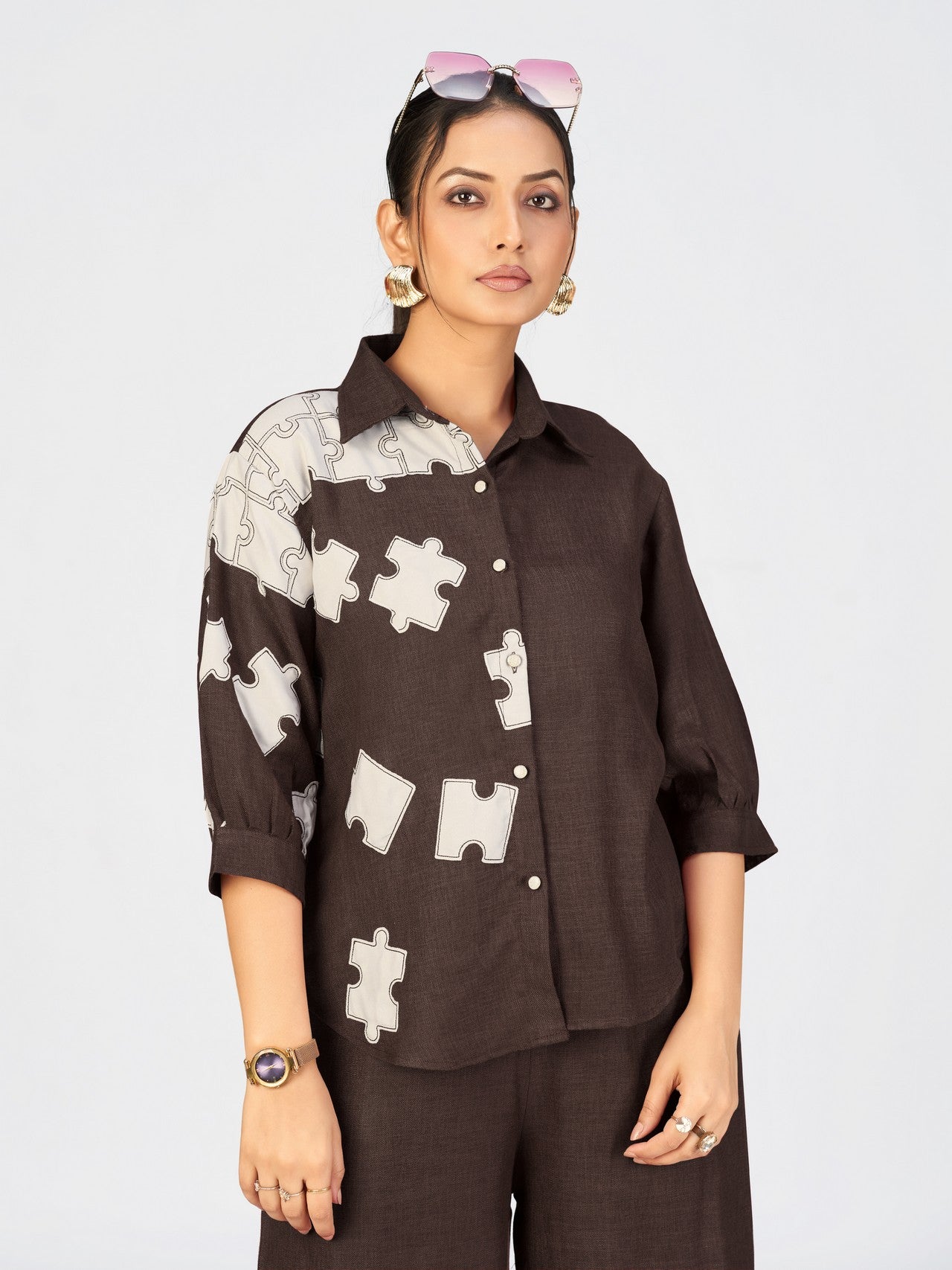 Maroon Linen Poly Co-Ord Set with Puzzle Embroidery Design for Women