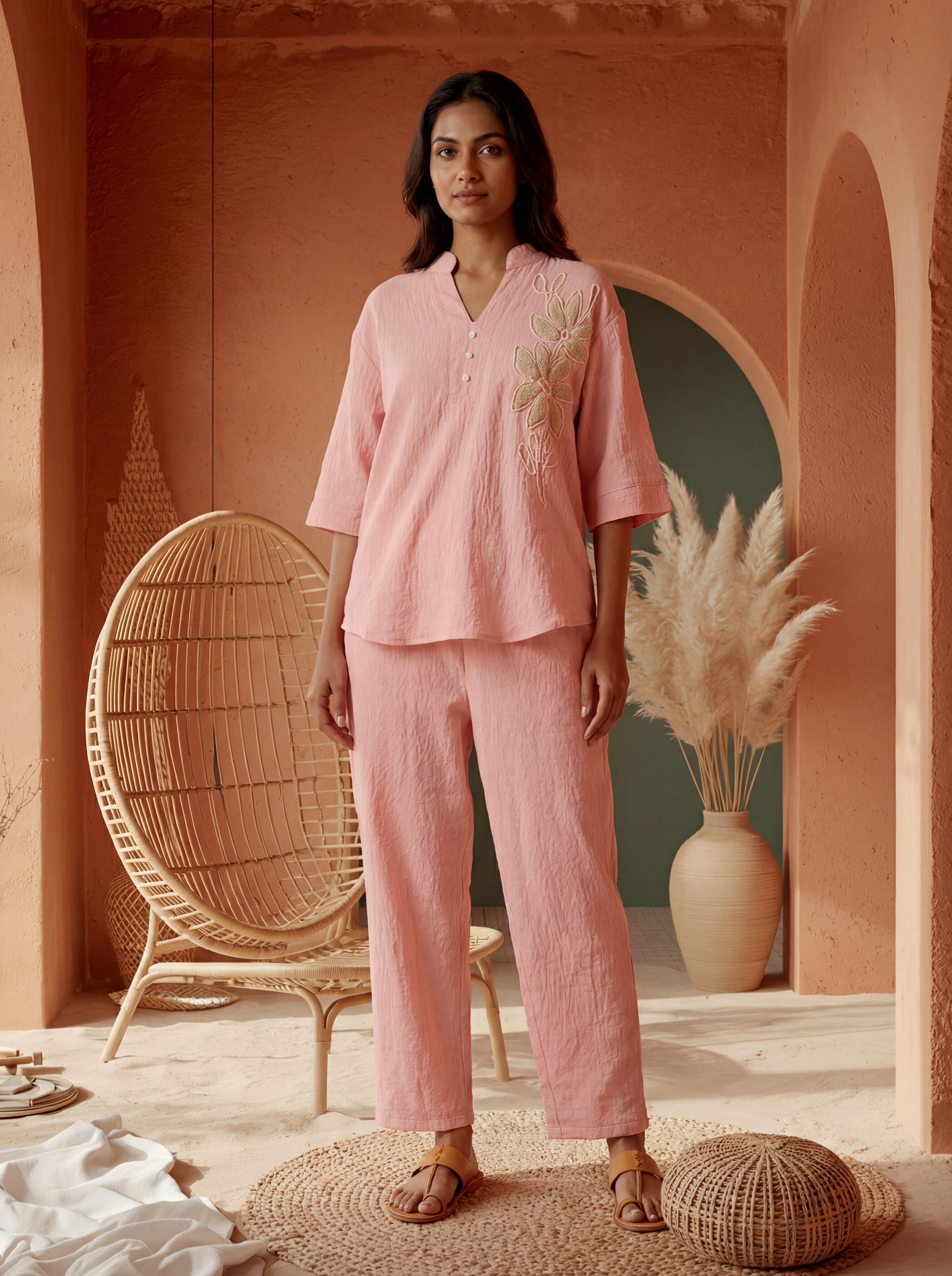 Women’s Pink Linen Co-Ord Set with Tufting & Embroidery
