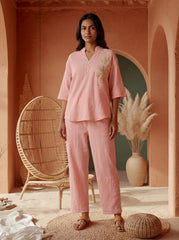 Women’s Pink Linen Co-Ord Set with Tufting & Embroidery