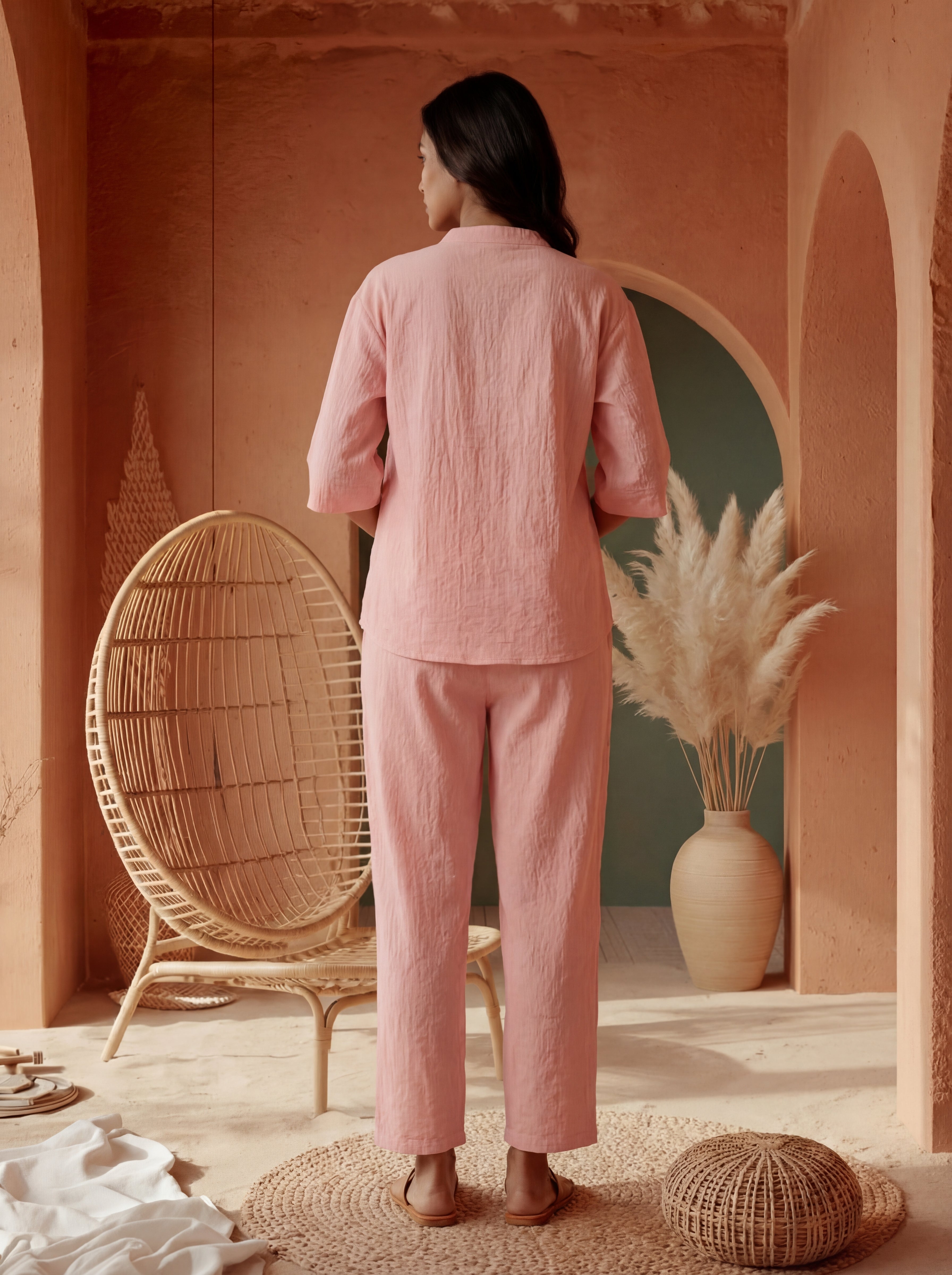Women’s Pink Linen Co-Ord Set with Tufting & Embroidery