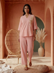 Women’s Pink Linen Co-Ord Set with Tufting & Embroidery