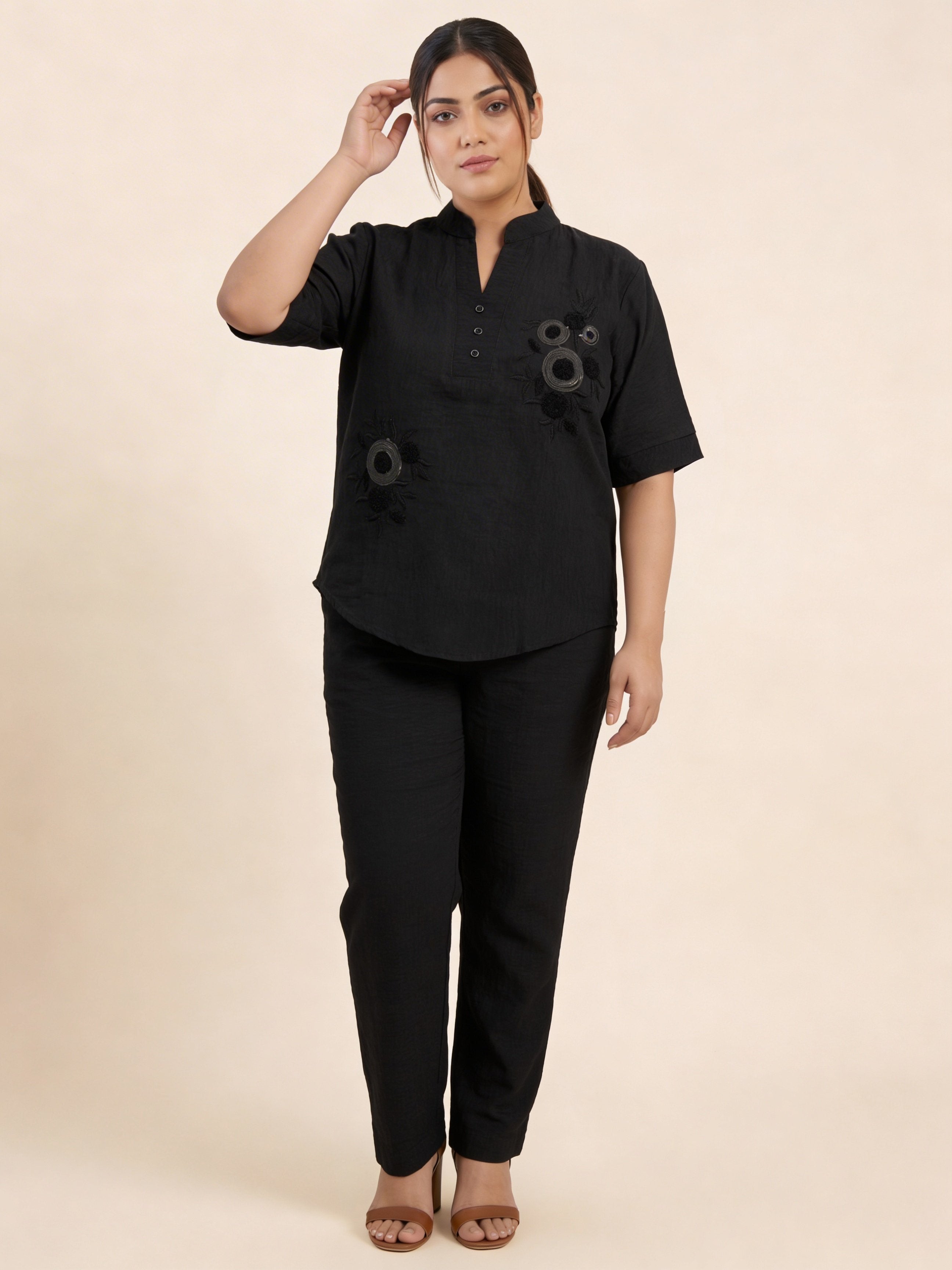 Women’s Brown Linen Co-Ord Set with Tufting & Embroidery | Stylish Top & Bottom Set