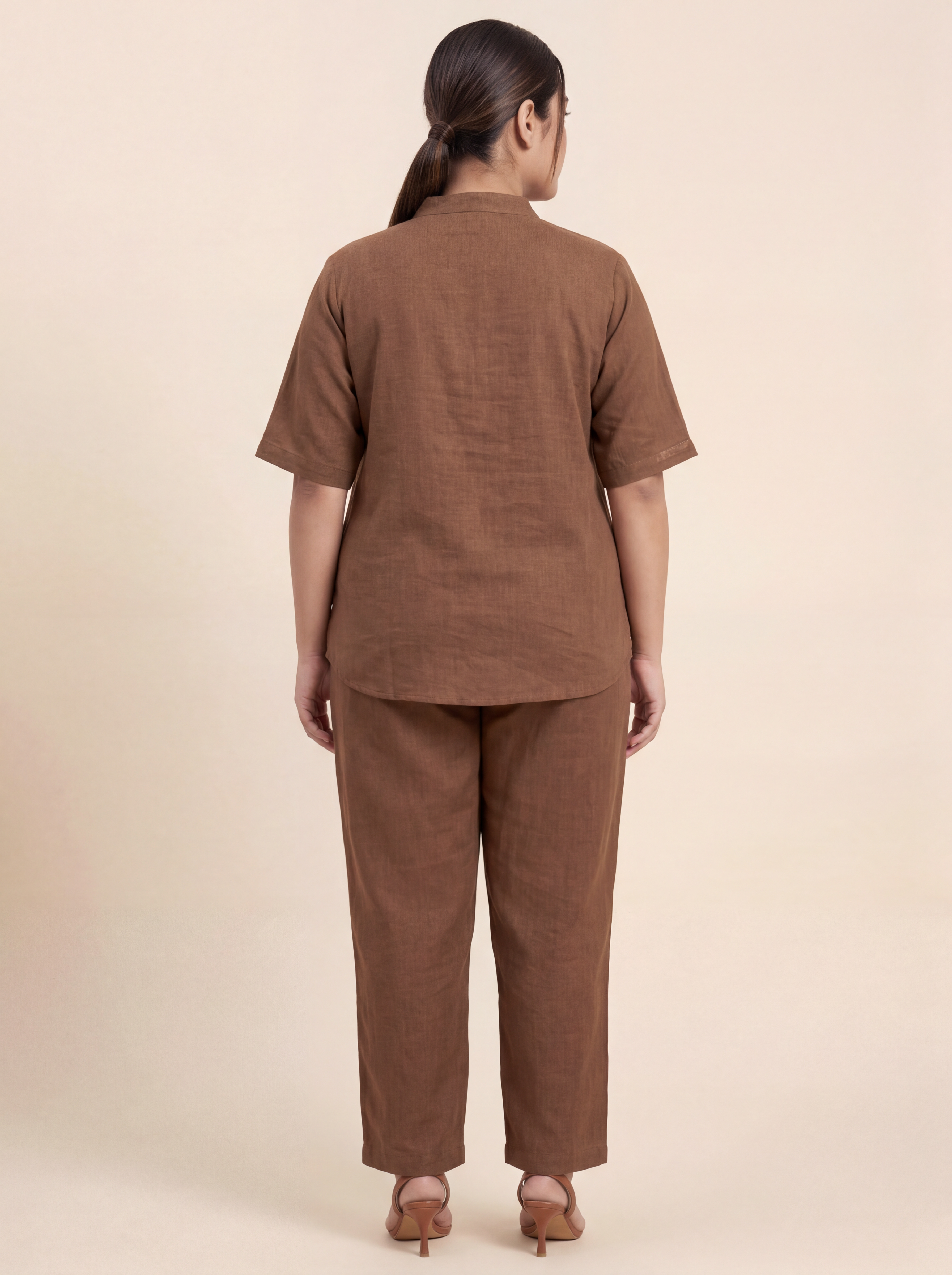Women’s Brown Linen Co-Ord Set with Tufting & Embroidery | Stylish Top & Bottom Set