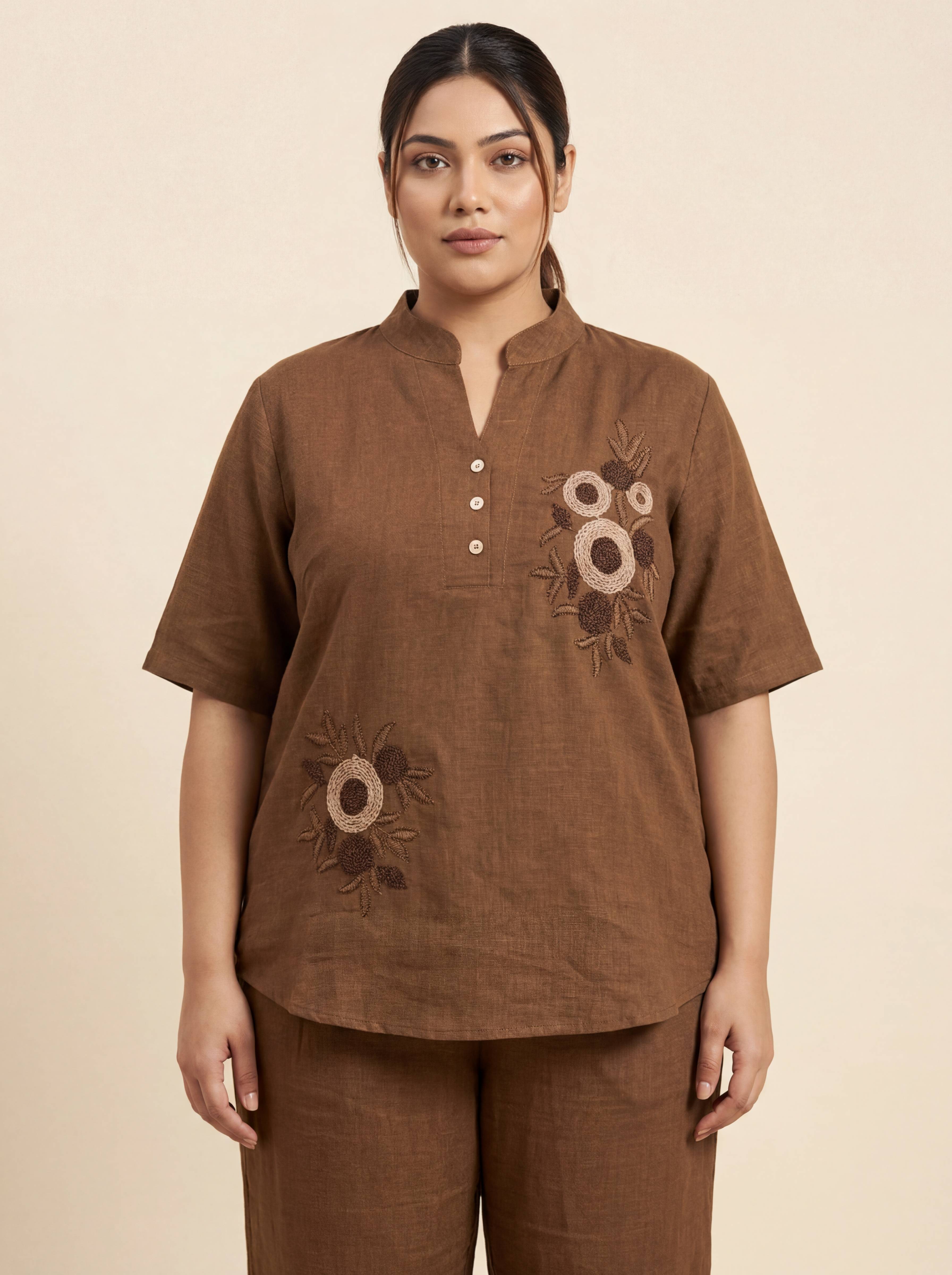 Women’s Brown Linen Co-Ord Set with Tufting & Embroidery | Stylish Top & Bottom Set