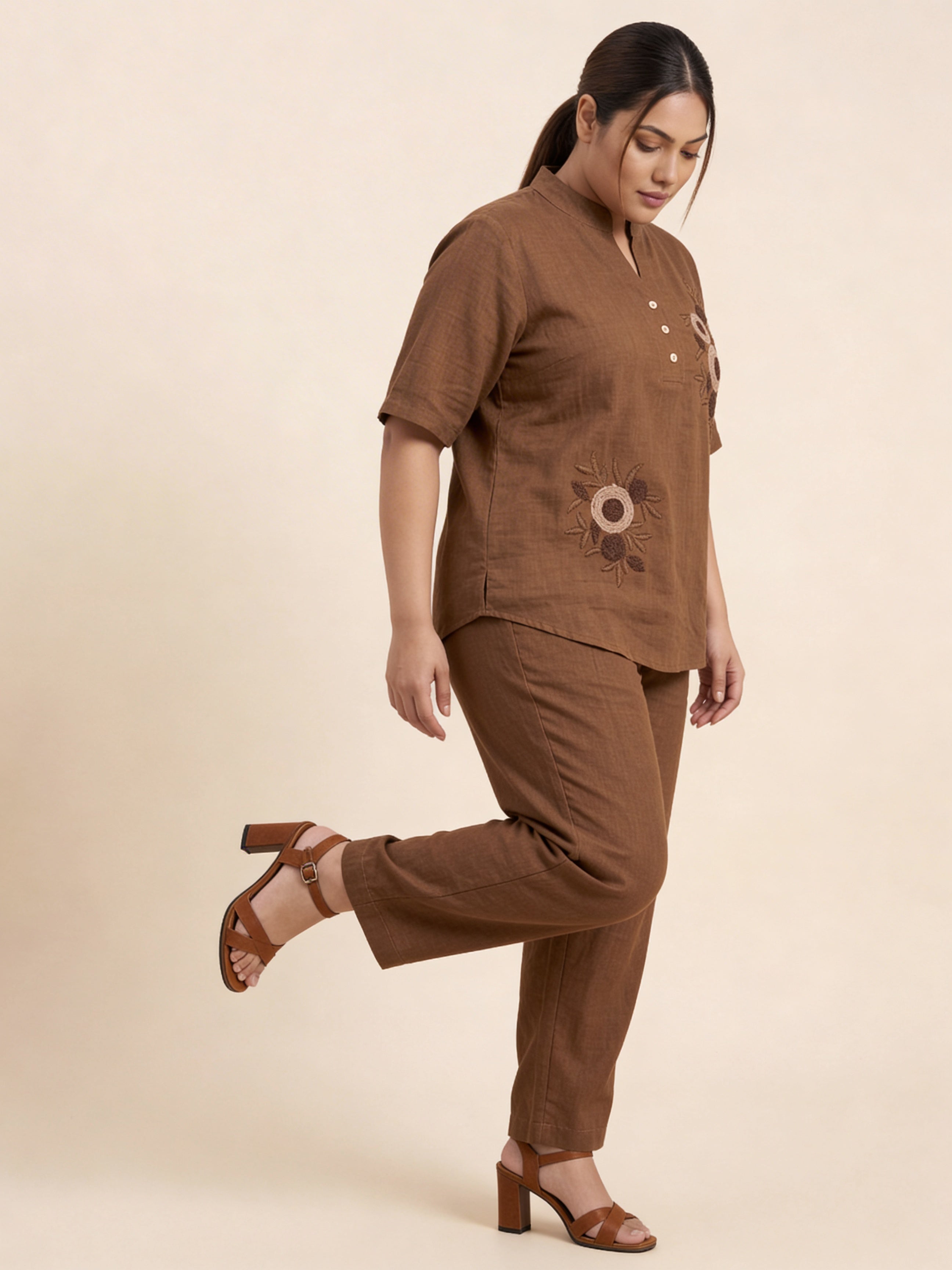 Women’s Brown Linen Co-Ord Set with Tufting & Embroidery | Stylish Top & Bottom Set