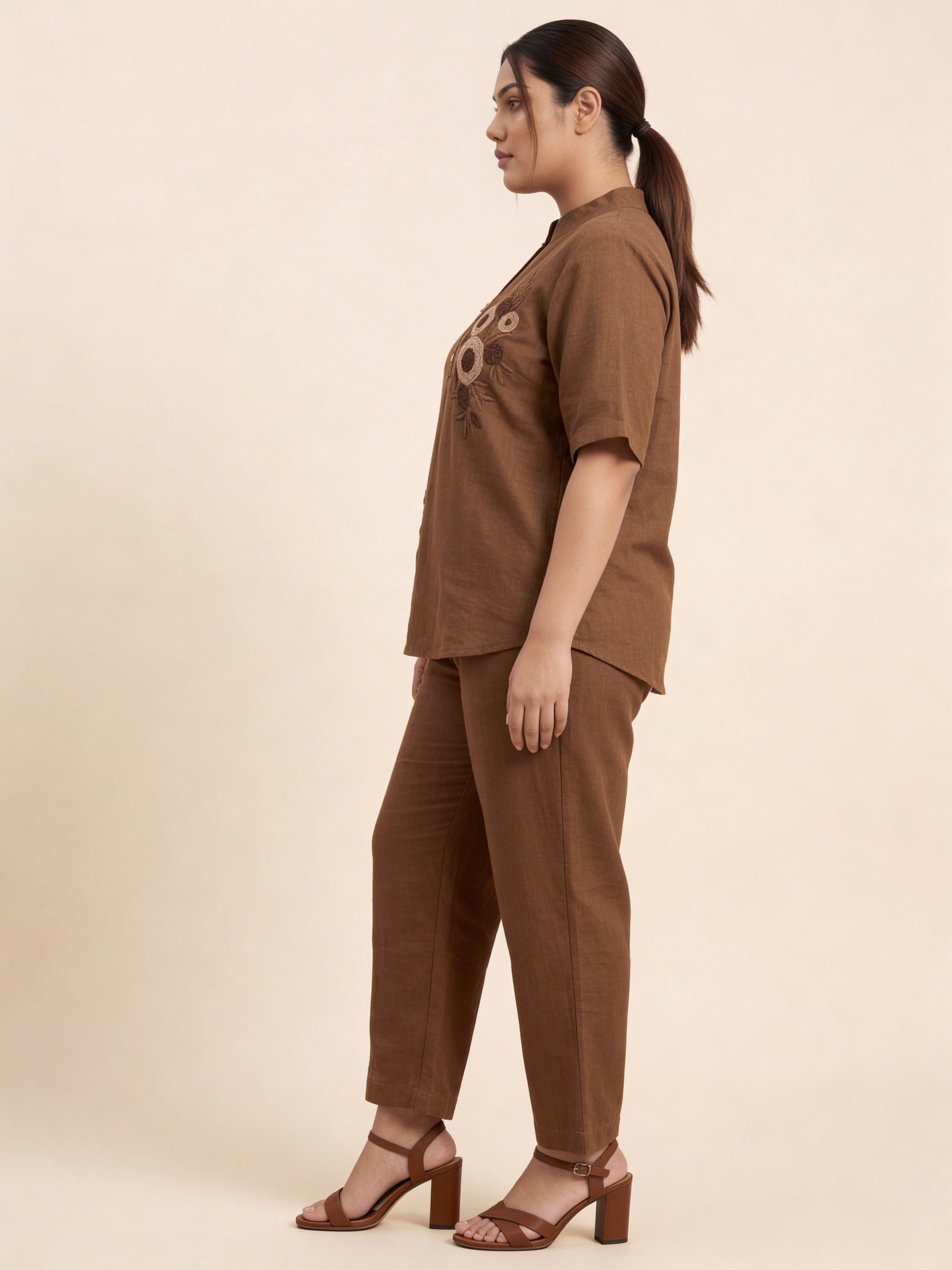 Women’s Brown Linen Co-Ord Set with Tufting & Embroidery | Stylish Top & Bottom Set