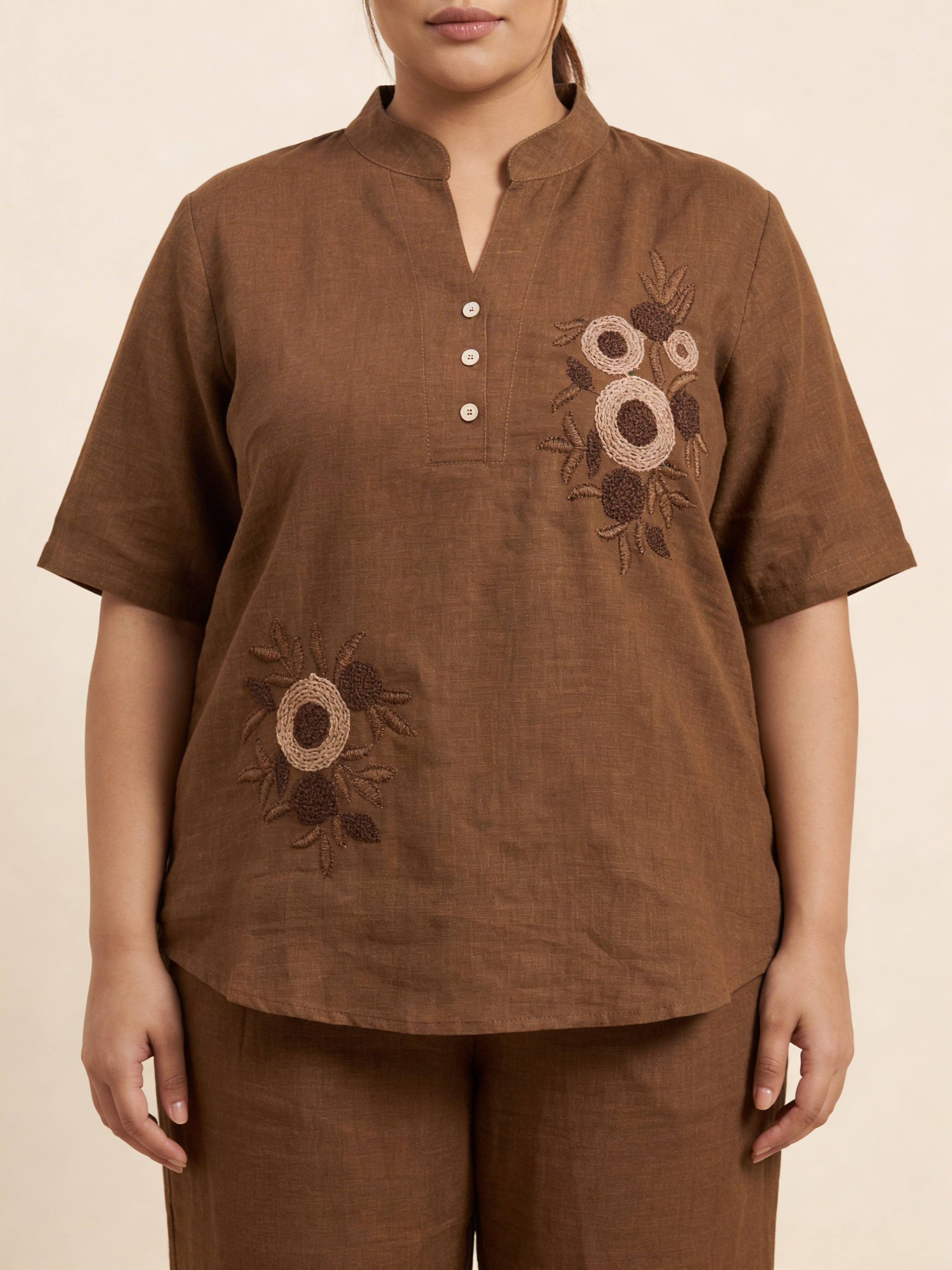 Women’s Brown Linen Co-Ord Set with Tufting & Embroidery | Stylish Top & Bottom Set