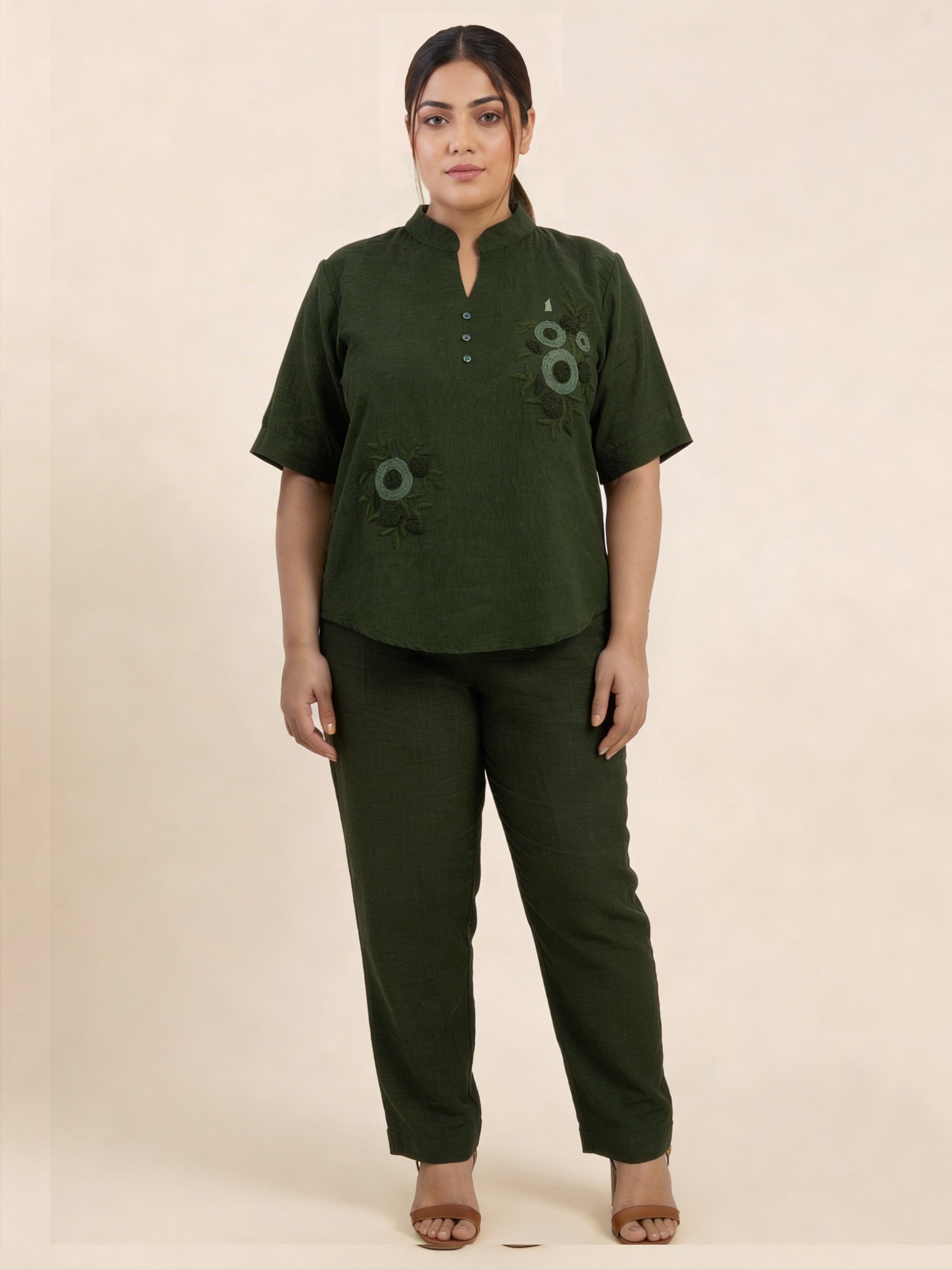Women’s Brown Linen Co-Ord Set with Tufting & Embroidery | Stylish Top & Bottom Set
