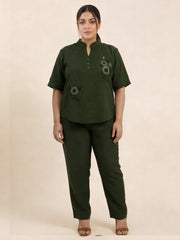 Women’s Brown Linen Co-Ord Set with Tufting & Embroidery | Stylish Top & Bottom Set