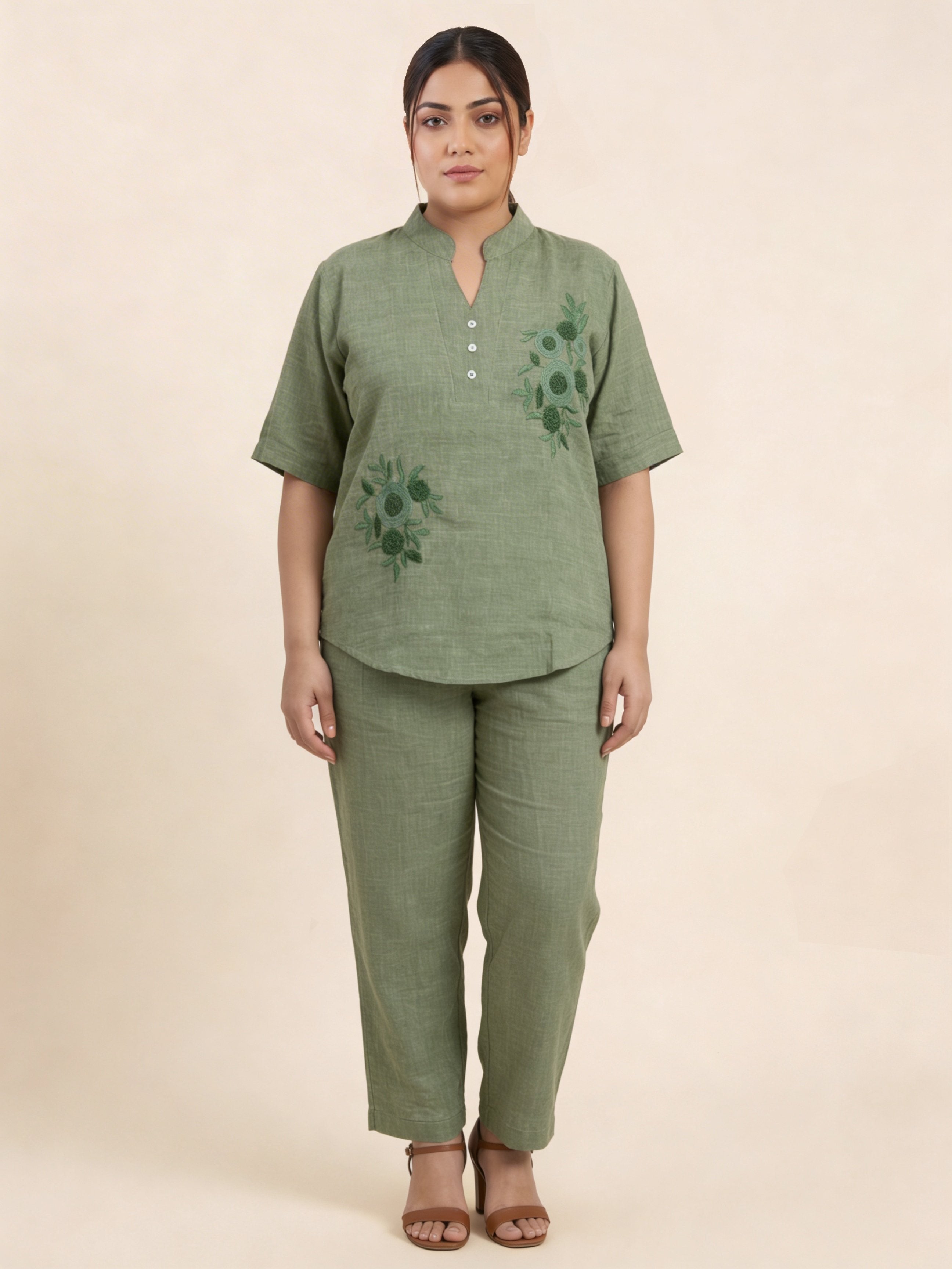 Women’s Brown Linen Co-Ord Set with Tufting & Embroidery | Stylish Top & Bottom Set