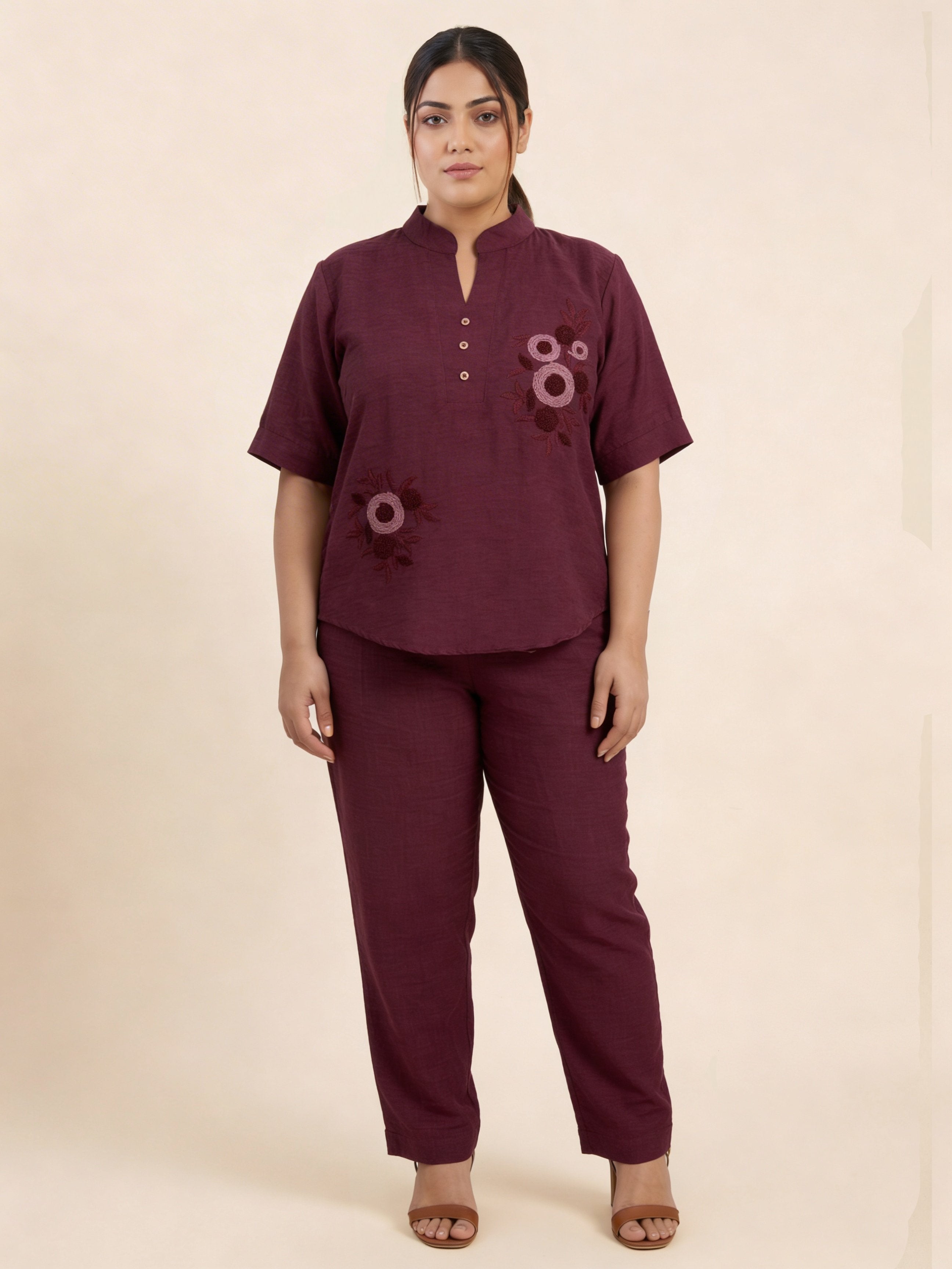 Women’s Brown Linen Co-Ord Set with Tufting & Embroidery | Stylish Top & Bottom Set