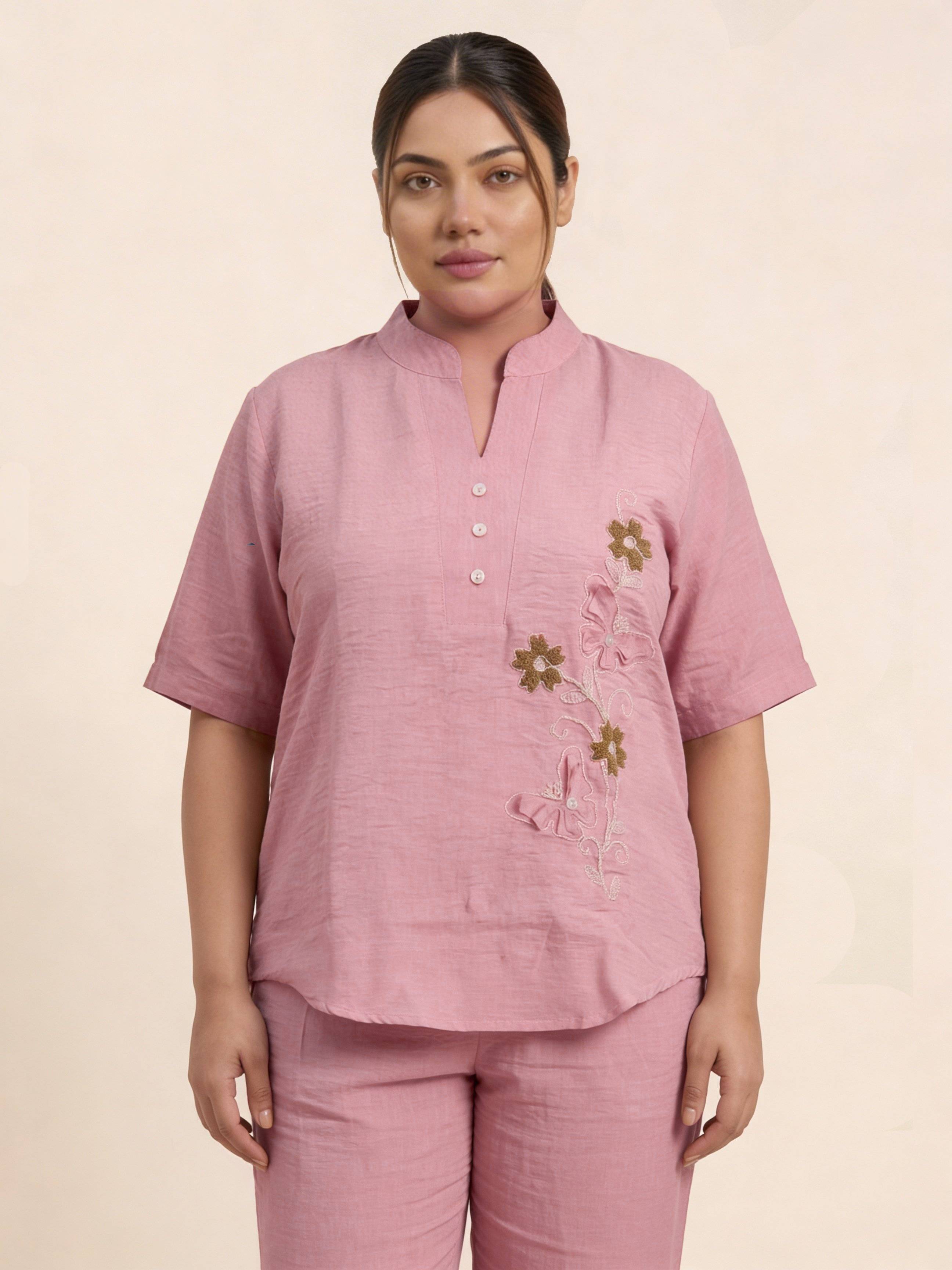 Women's Butterfly design Pink Linen Co-Ord with Embroidery Work