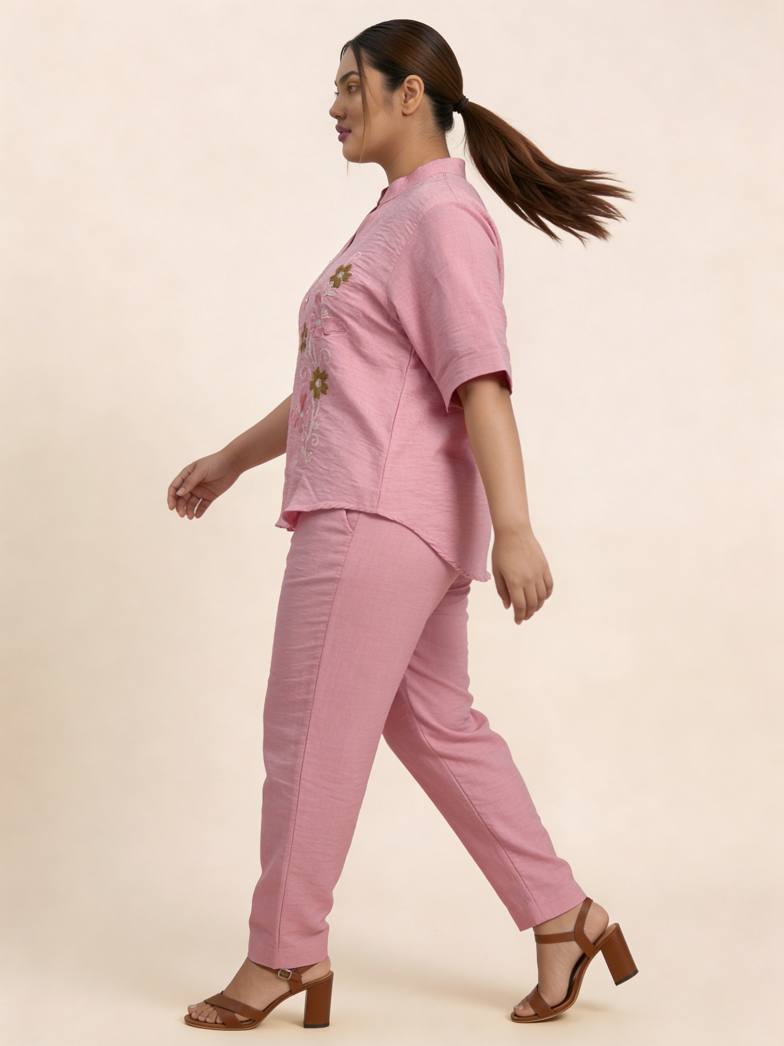 Women's Butterfly design Pink Linen Co-Ord with Embroidery Work