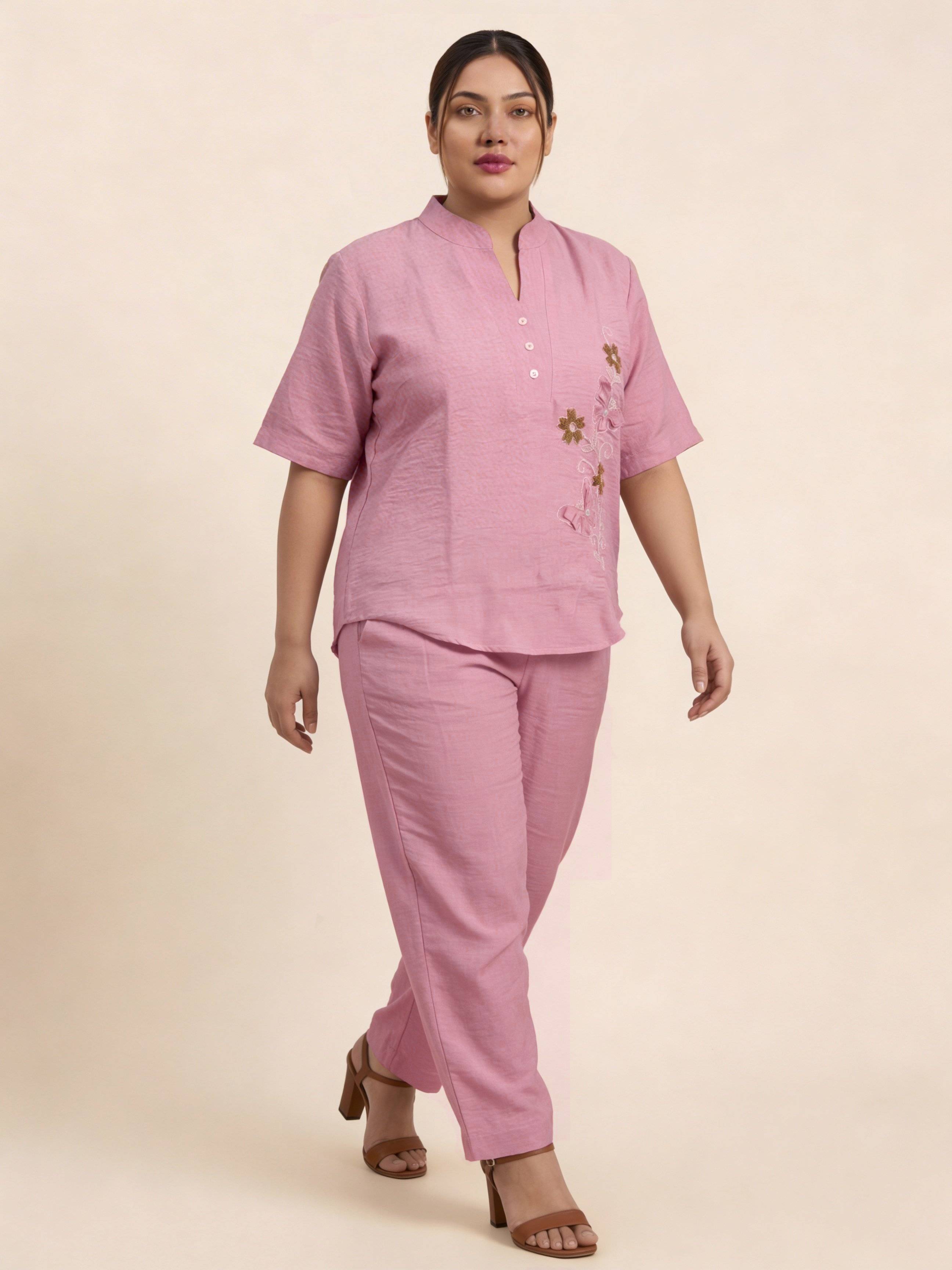 Women's Butterfly design Pink Linen Co-Ord with Embroidery Work