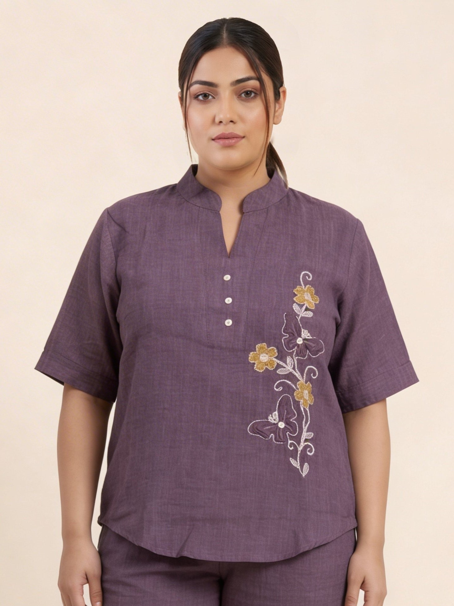 Women's Butterfly design Pink Linen Co-Ord with Embroidery Work