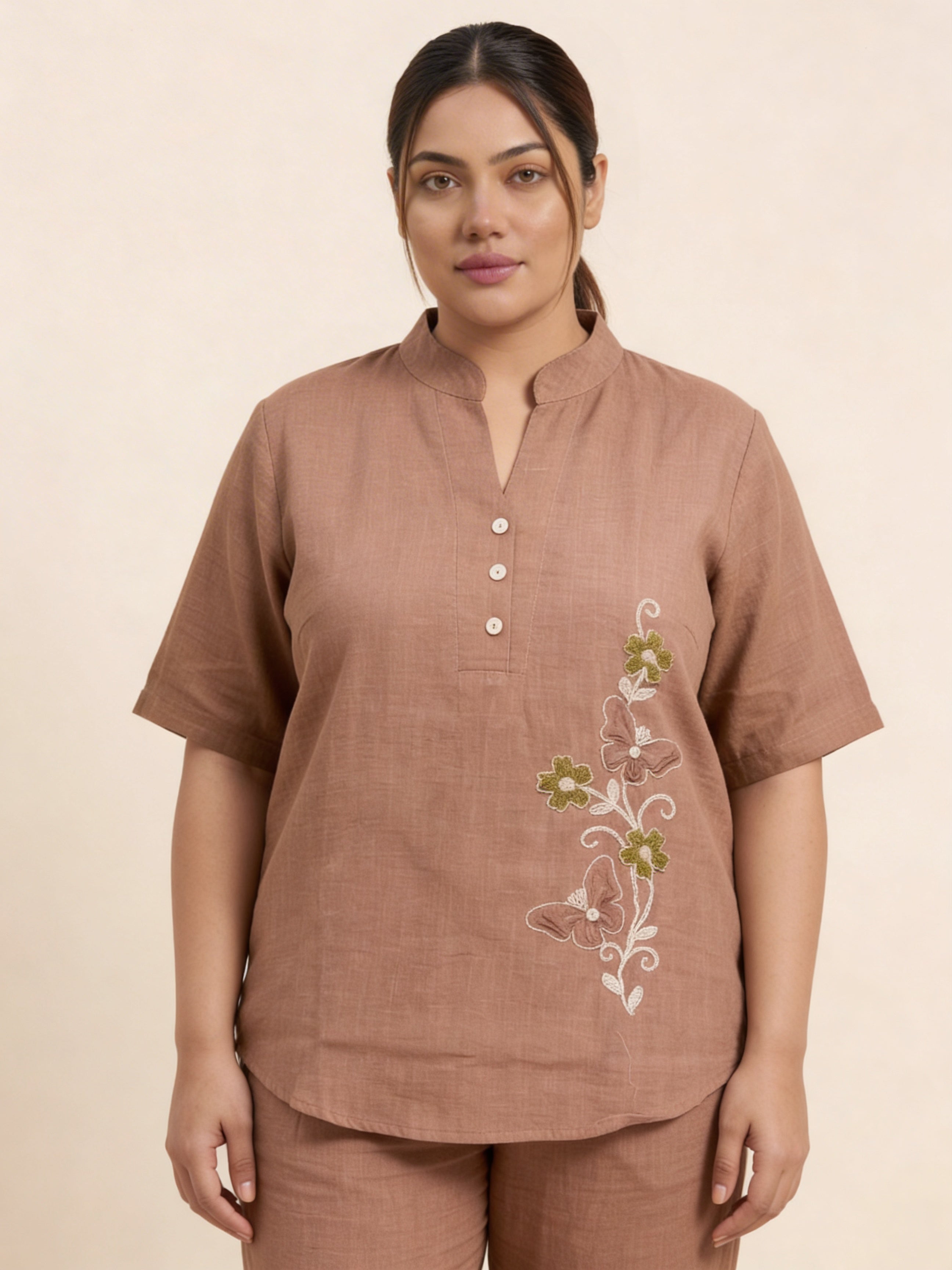 Women's Butterfly design Pink Linen Co-Ord with Embroidery Work