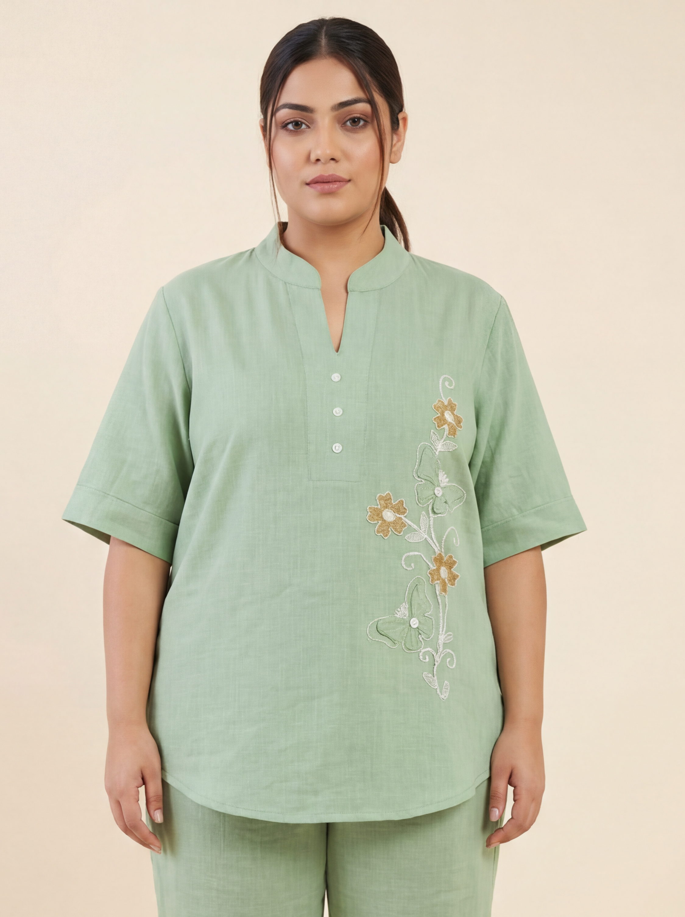 Women's Butterfly design Pink Linen Co-Ord with Embroidery Work