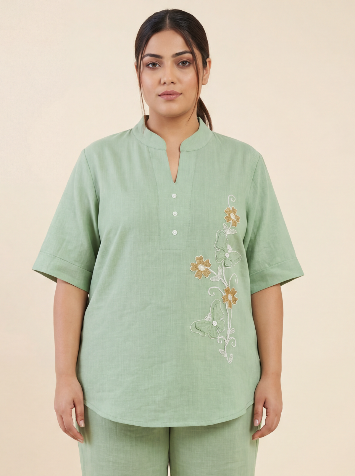 Women's Butterfly design Pink Linen Co-Ord with Embroidery Work