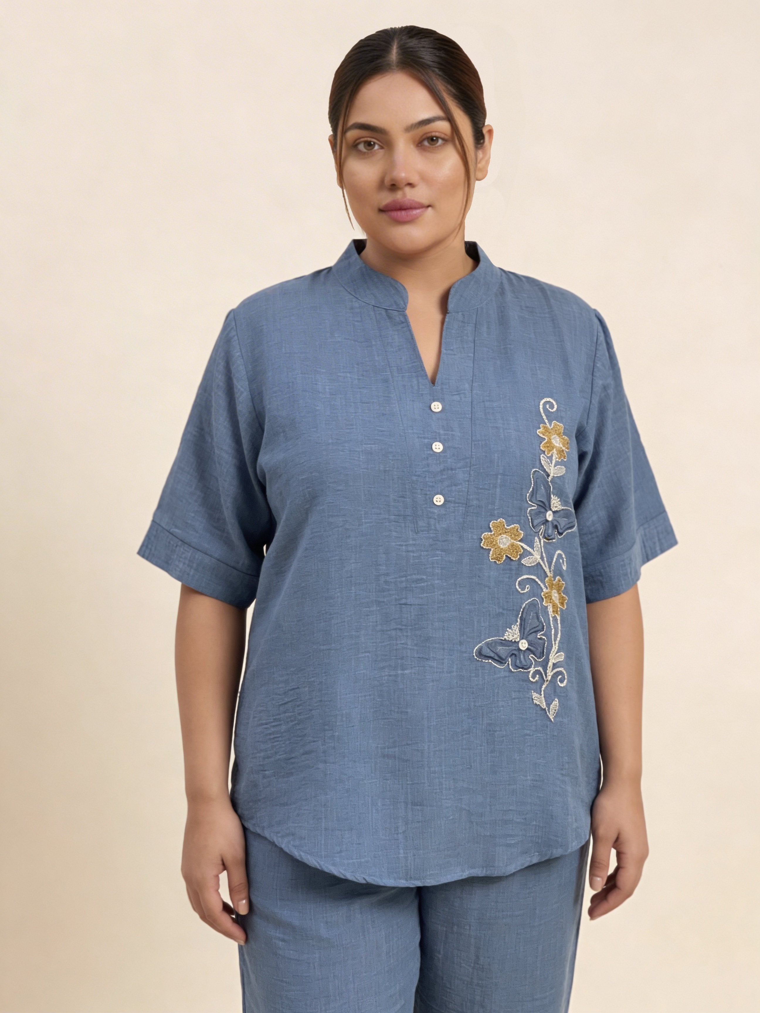 Women's Butterfly design Pink Linen Co-Ord with Embroidery Work