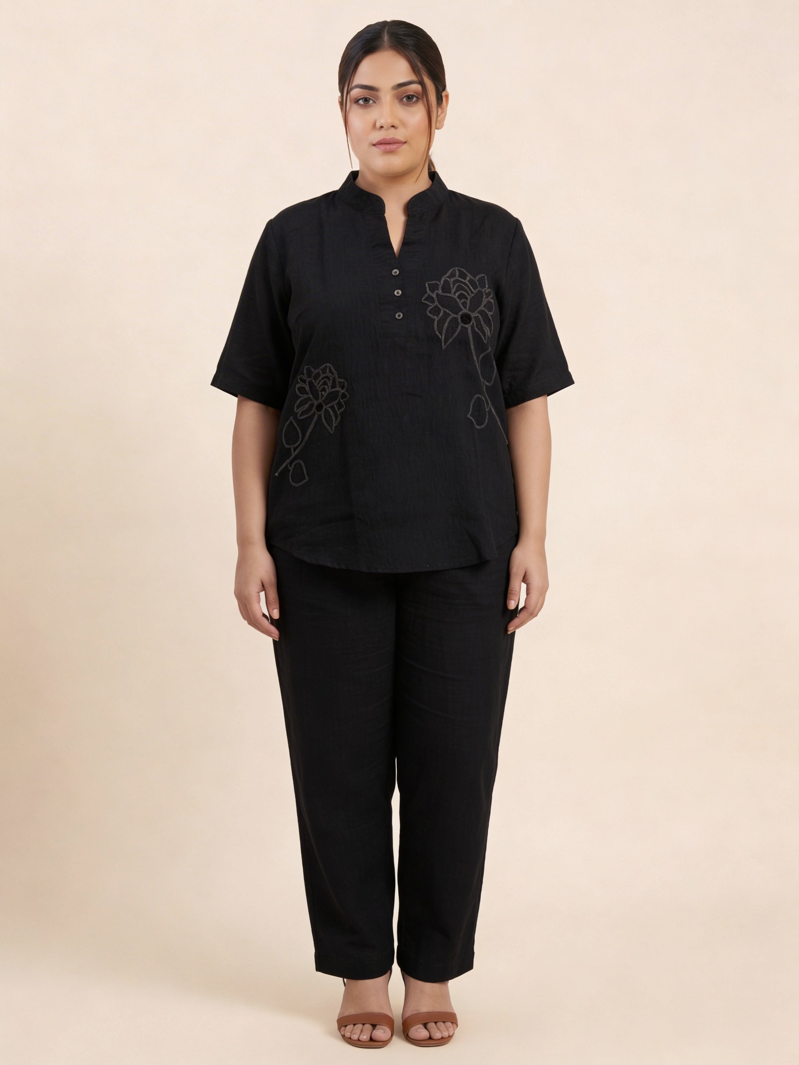 Women’s Lotus Embroidered Design Pista Color Linen Co-Ord Set