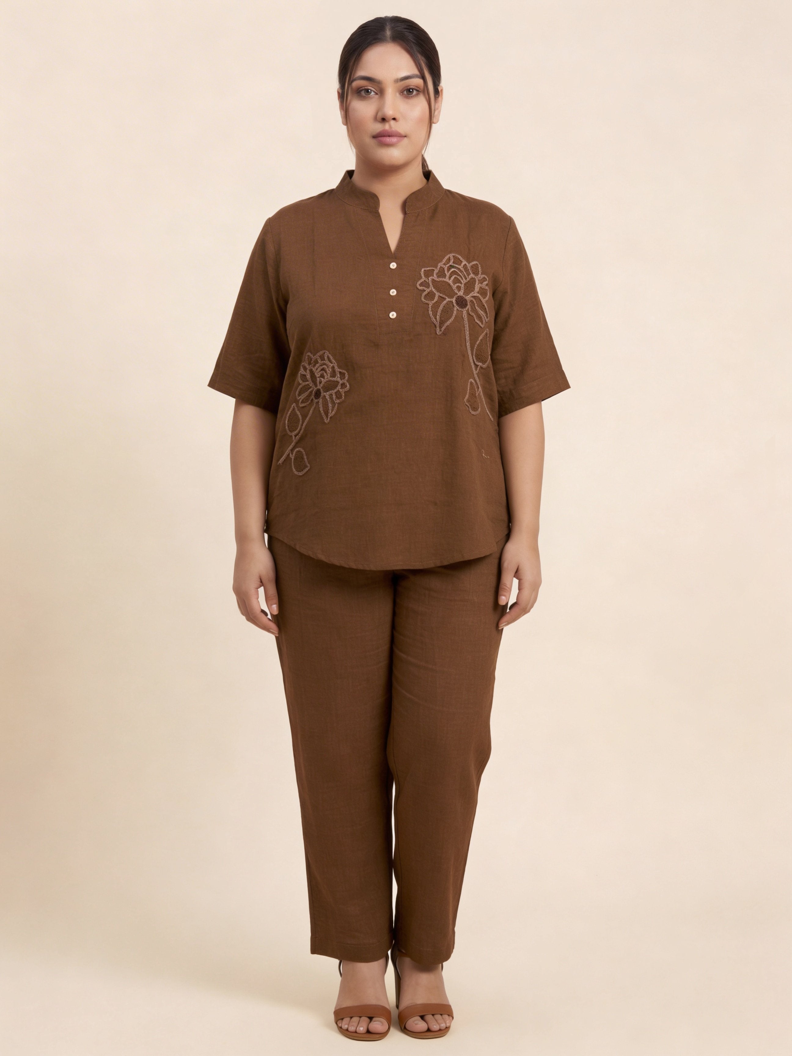 Women’s Lotus Embroidered Design Pista Color Linen Co-Ord Set