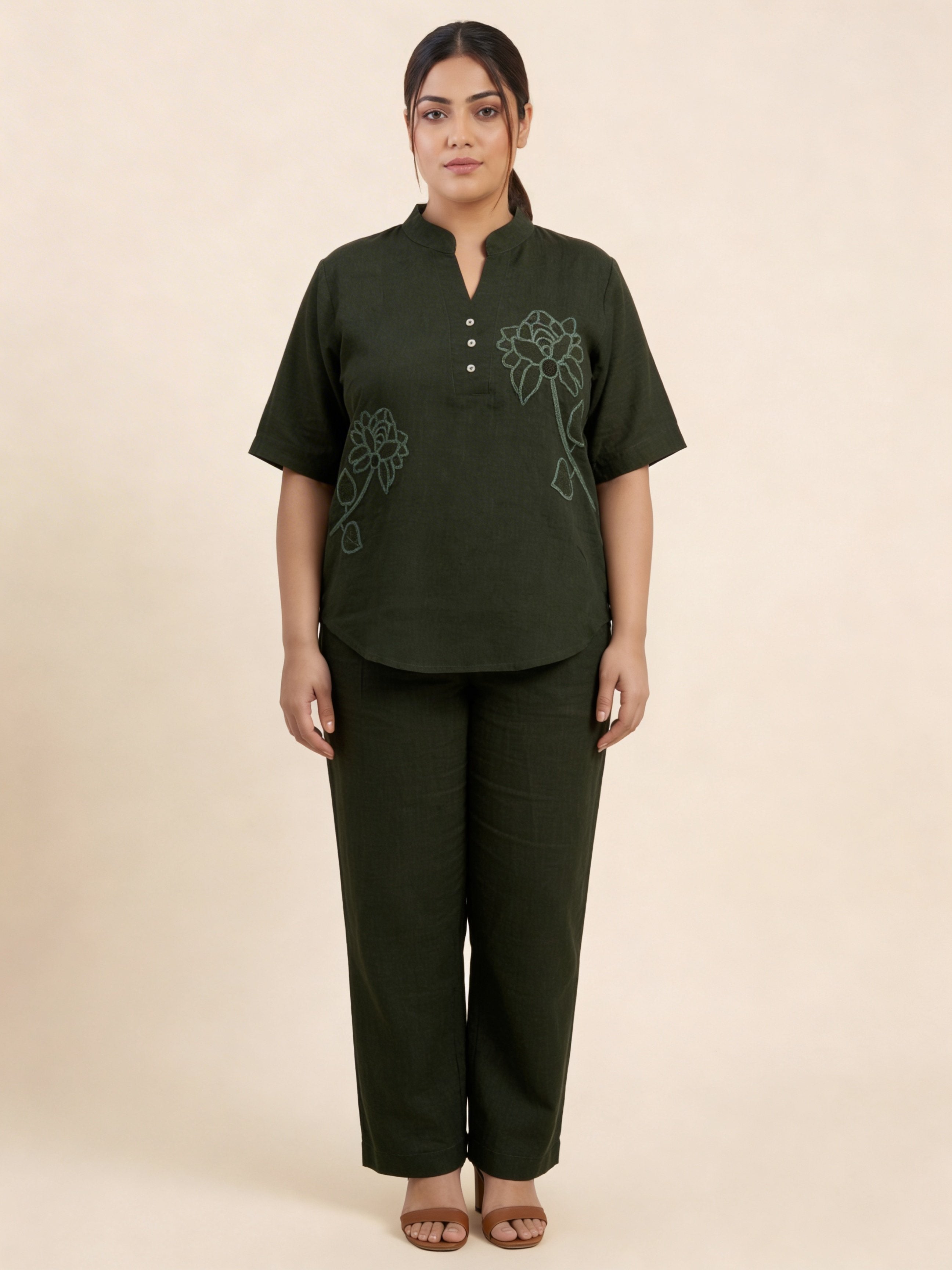 Women’s Lotus Embroidered Design Pista Color Linen Co-Ord Set