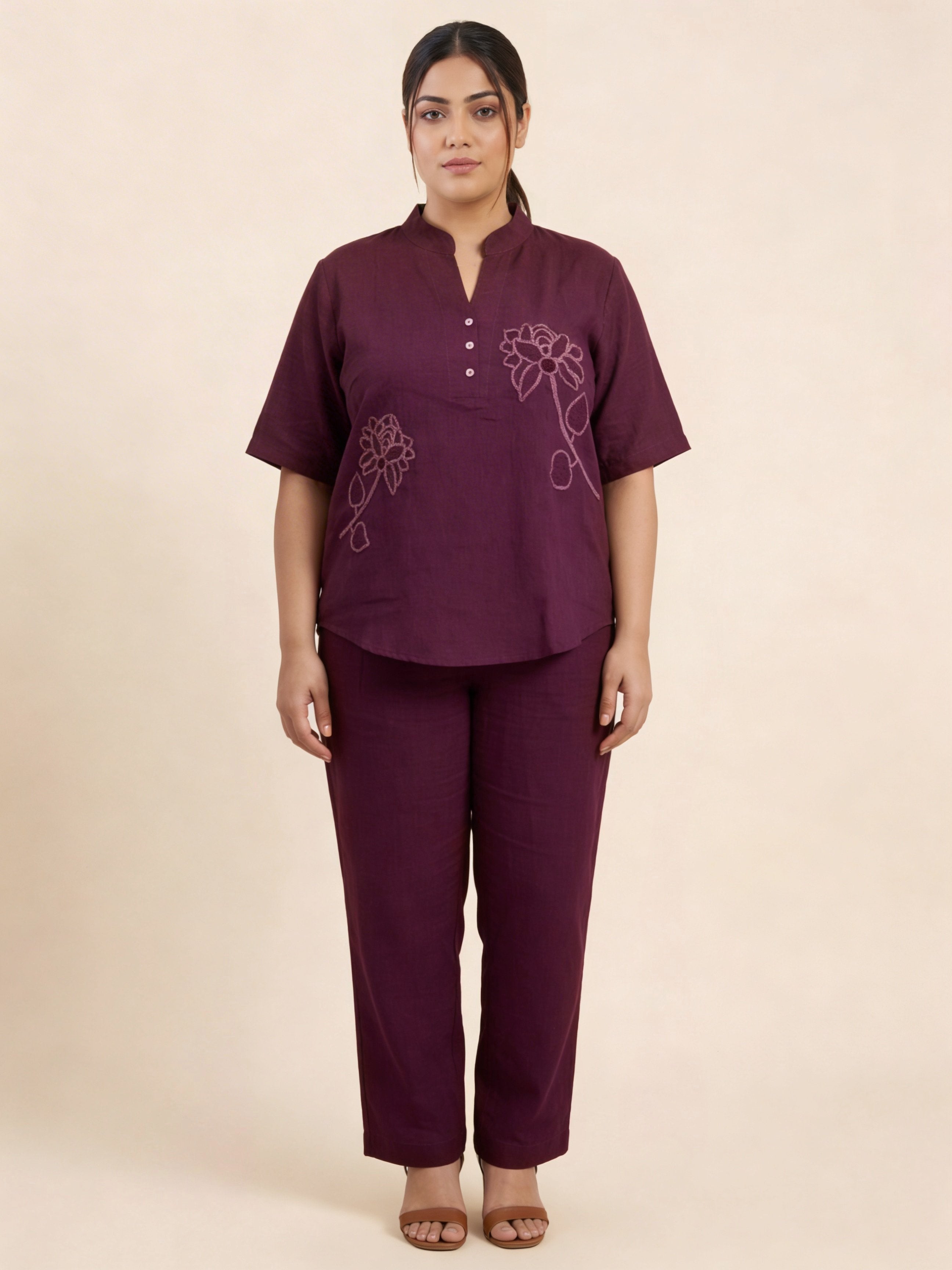 Women’s Lotus Embroidered Design Pista Color Linen Co-Ord Set
