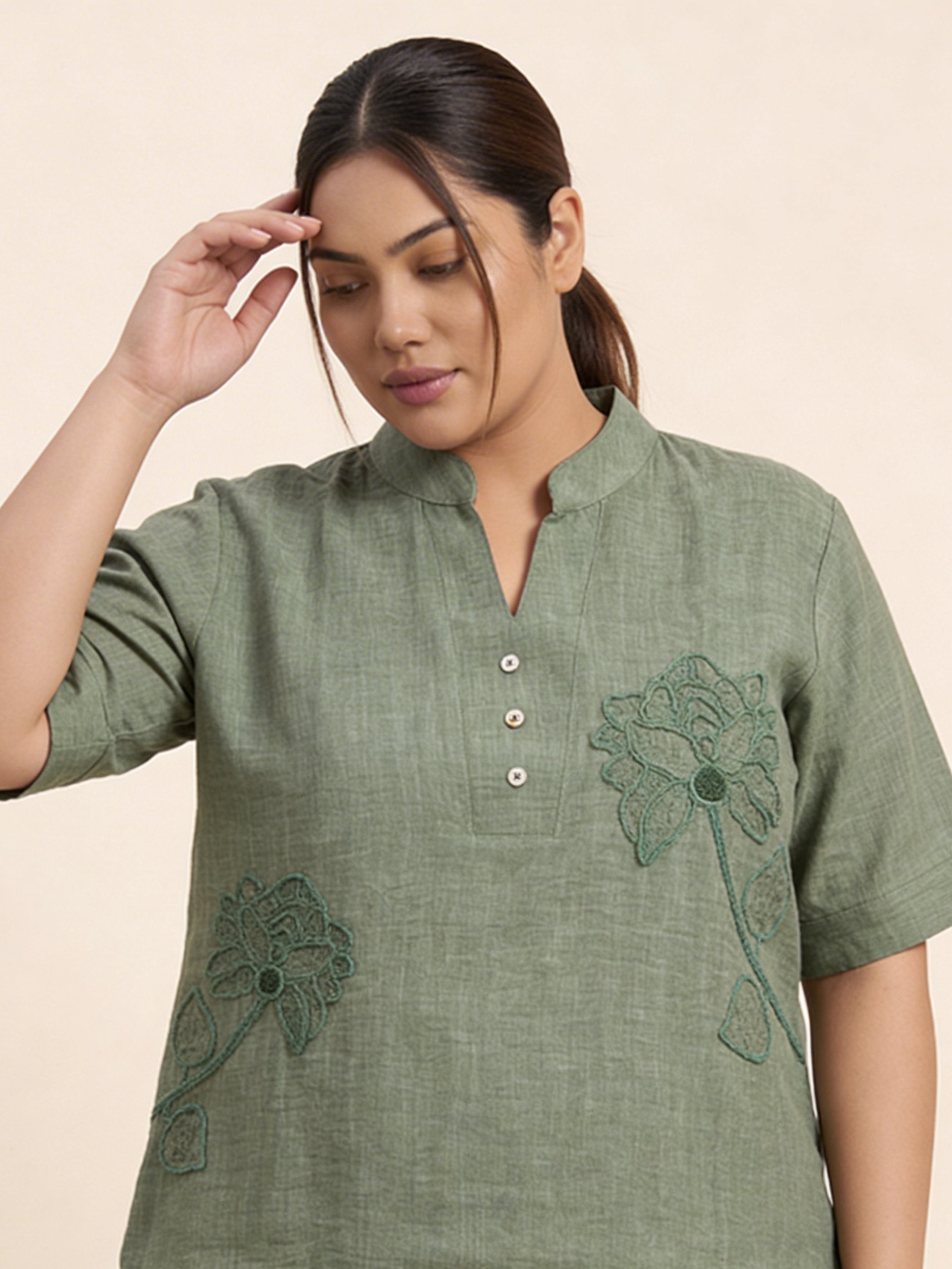 Women’s Lotus Embroidered Design Pista Color Linen Co-Ord Set