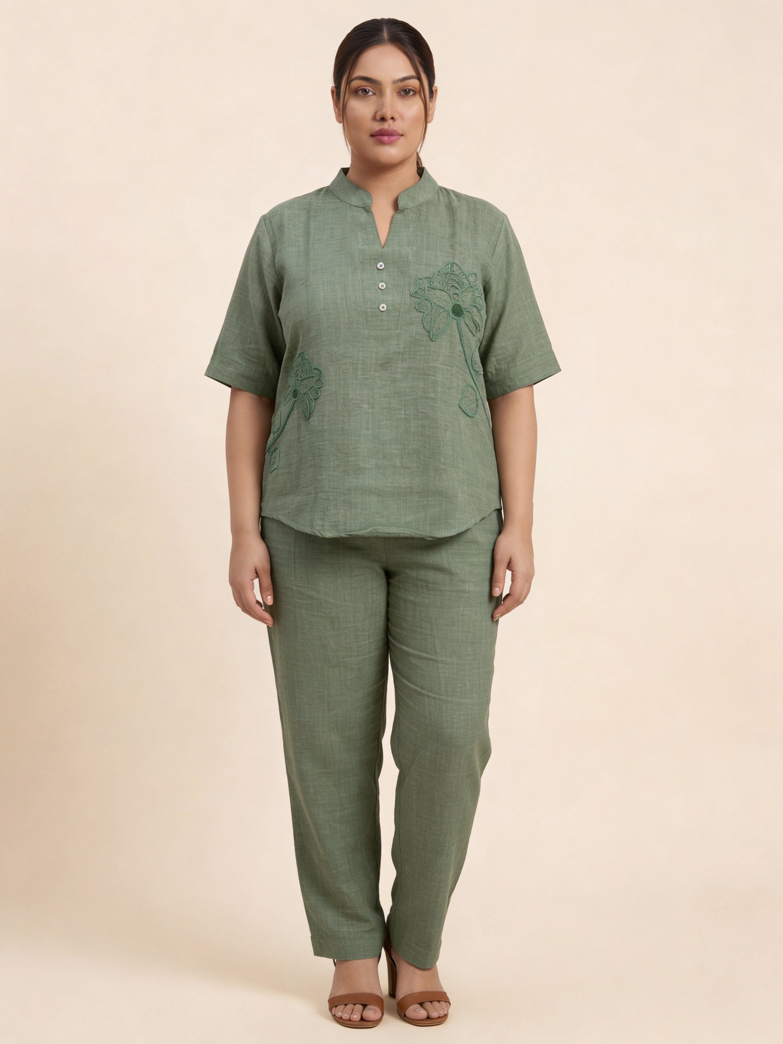 Women’s Lotus Embroidered Design Pista Color Linen Co-Ord Set
