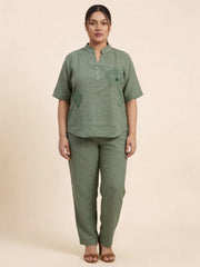 Women’s Lotus Embroidered Design Pista Color Linen Co-Ord Set