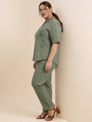 Women’s Lotus Embroidered Design Pista Color Linen Co-Ord Set