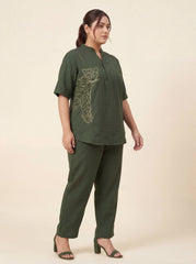 Women’s Green Linen Co-Ord Set with Tufting & Embroidery