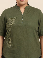 Women’s Green Linen Co-Ord Set with Tufting & Embroidery