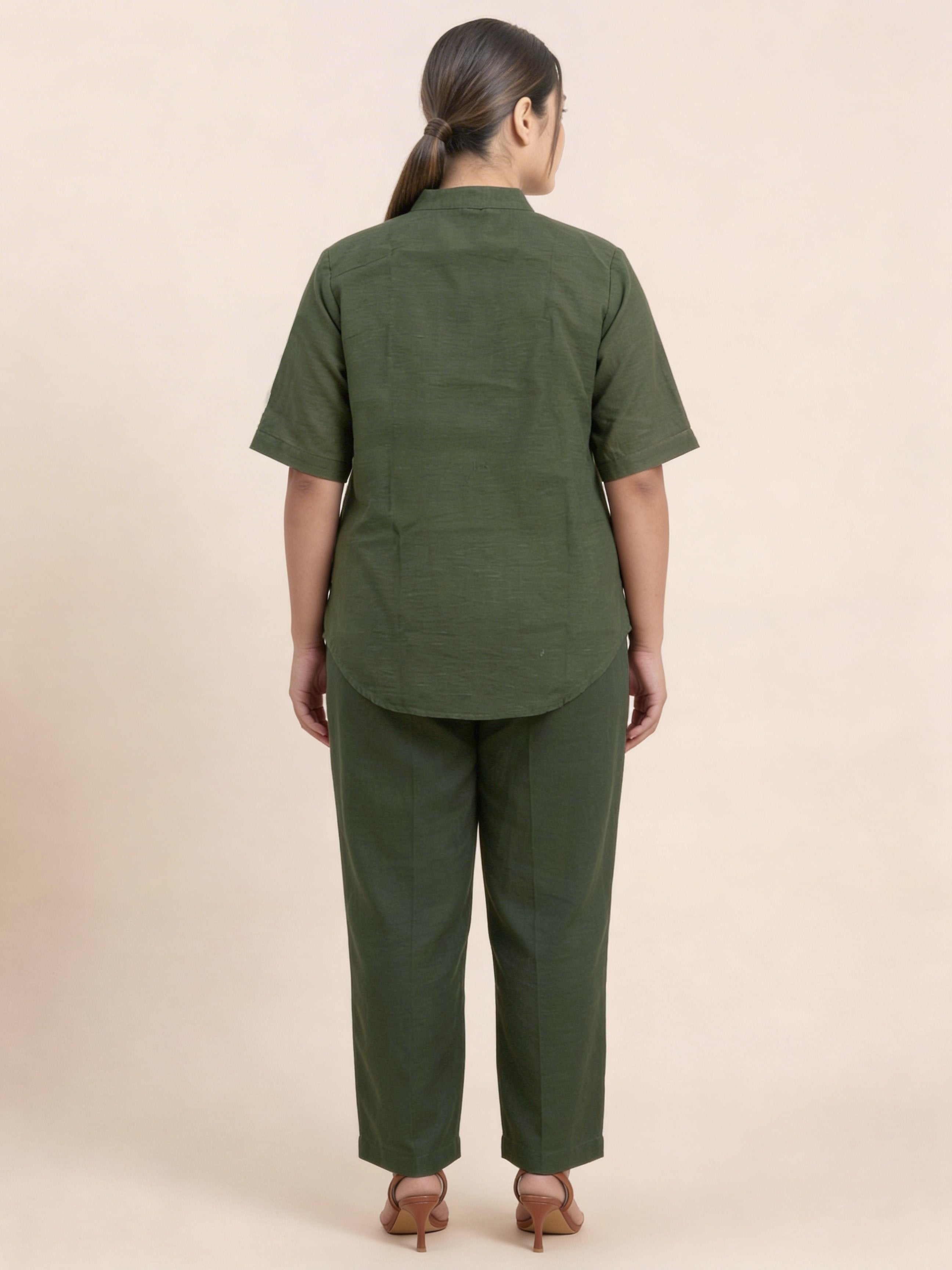 Women’s Green Linen Co-Ord Set with Tufting & Embroidery