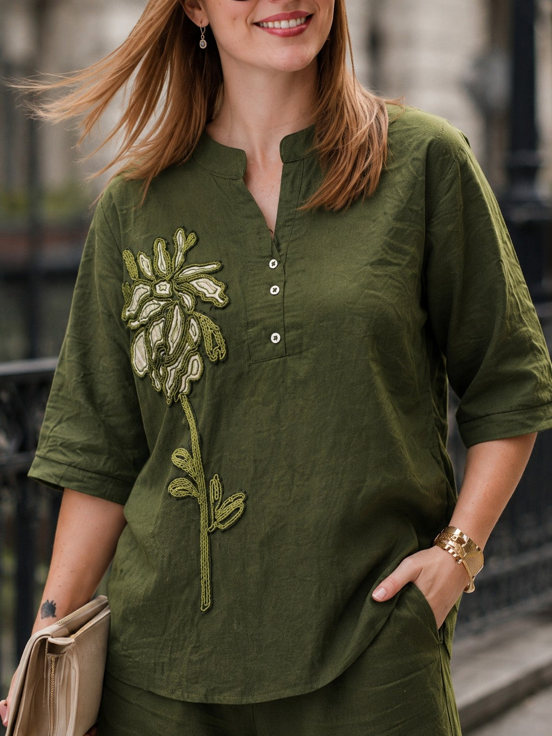 Women's Embroidered Co-Ord Set with Floral Applique Detail & Relaxed Fit