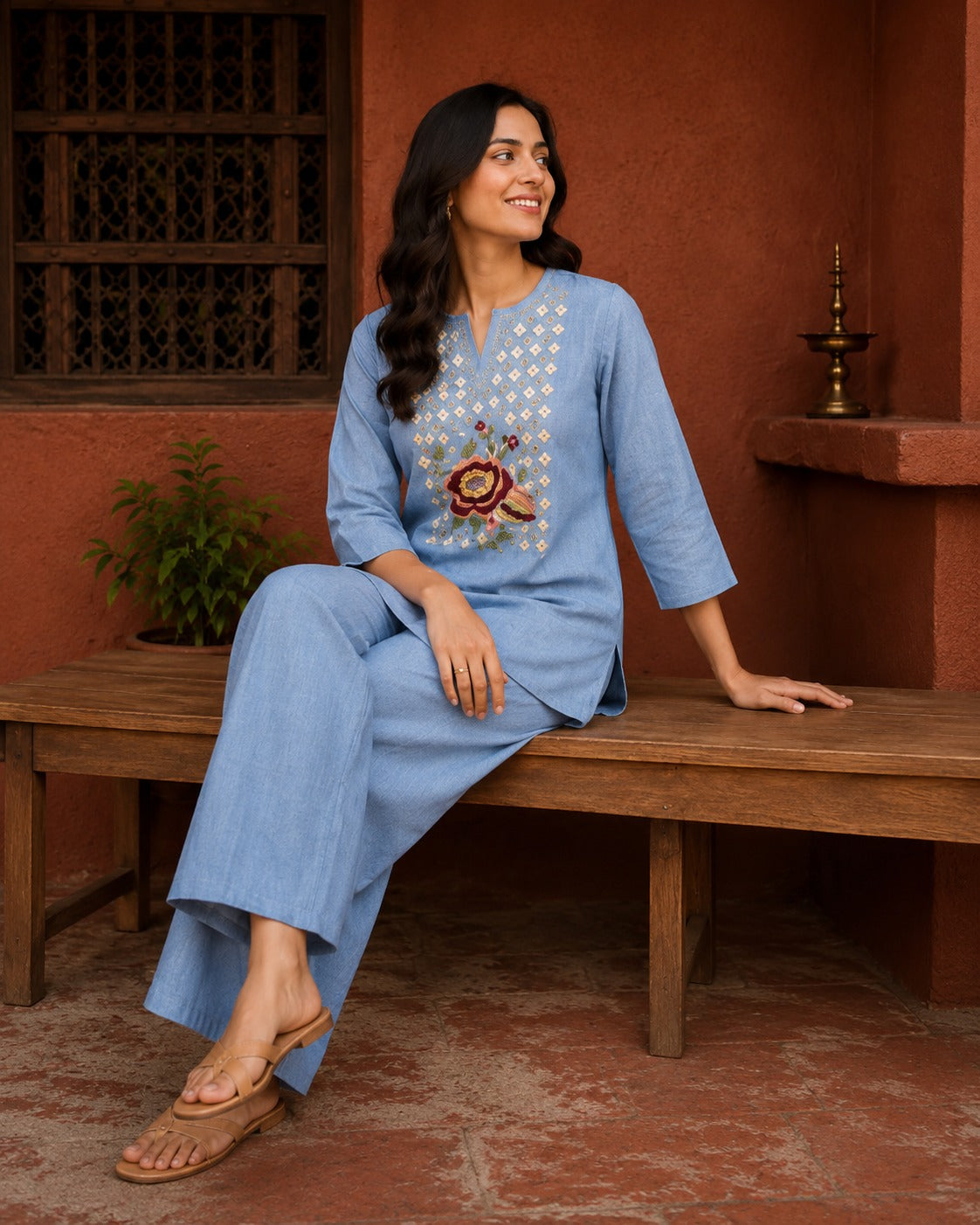 Women’s Floral Embroidered Co-Ord Set with 3/4 Sleeves