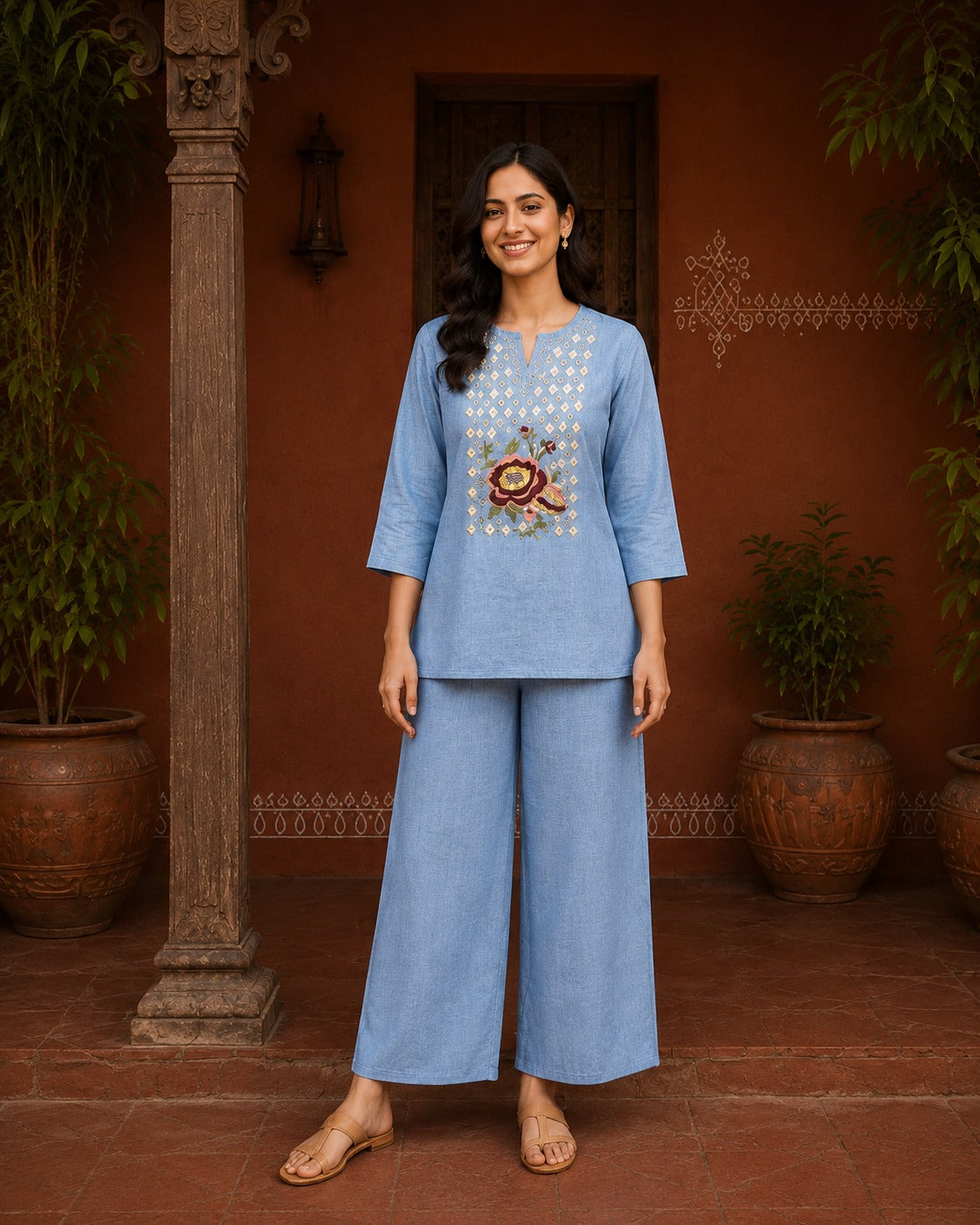 Women’s Floral Embroidered Co-Ord Set with 3/4 Sleeves