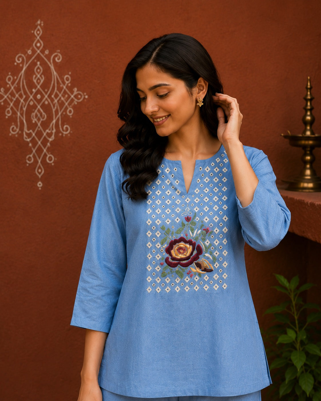 Women’s Floral Embroidered Co-Ord Set with 3/4 Sleeves