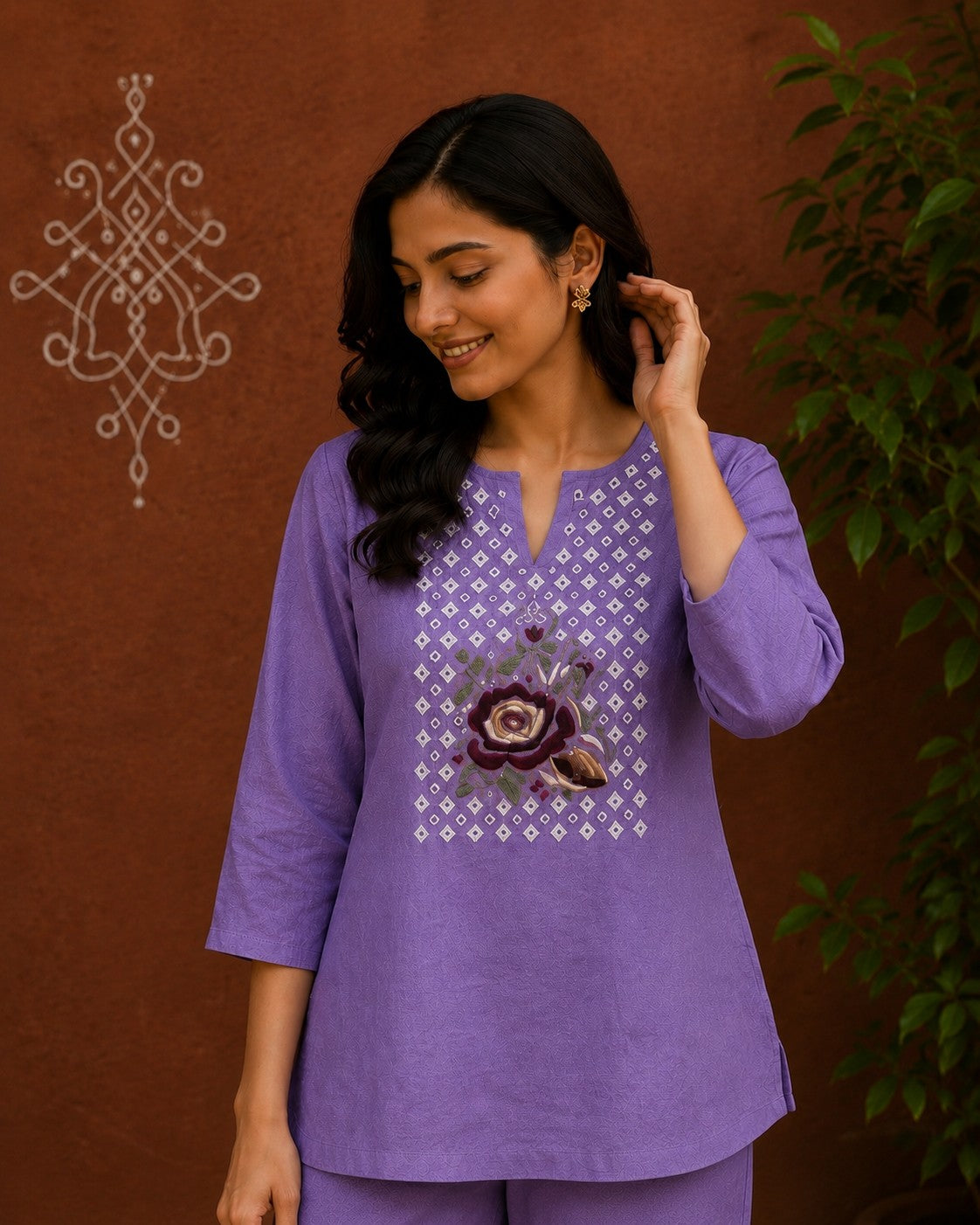 Women’s Floral Embroidered Co-Ord Set with 3/4 Sleeves