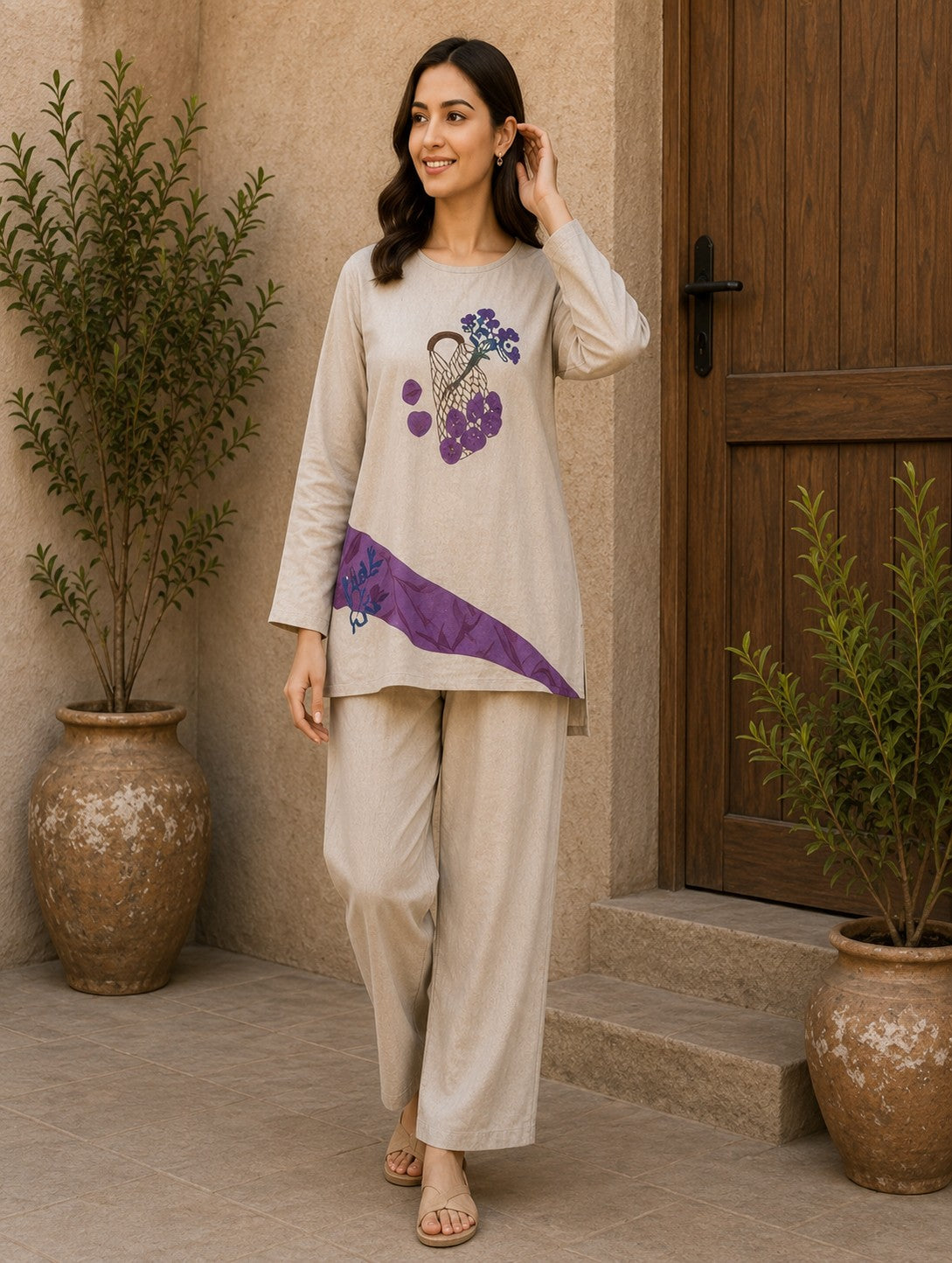 Women's Printed Co-Ord Set with Relaxed Fit Top & Wide-Leg Pants